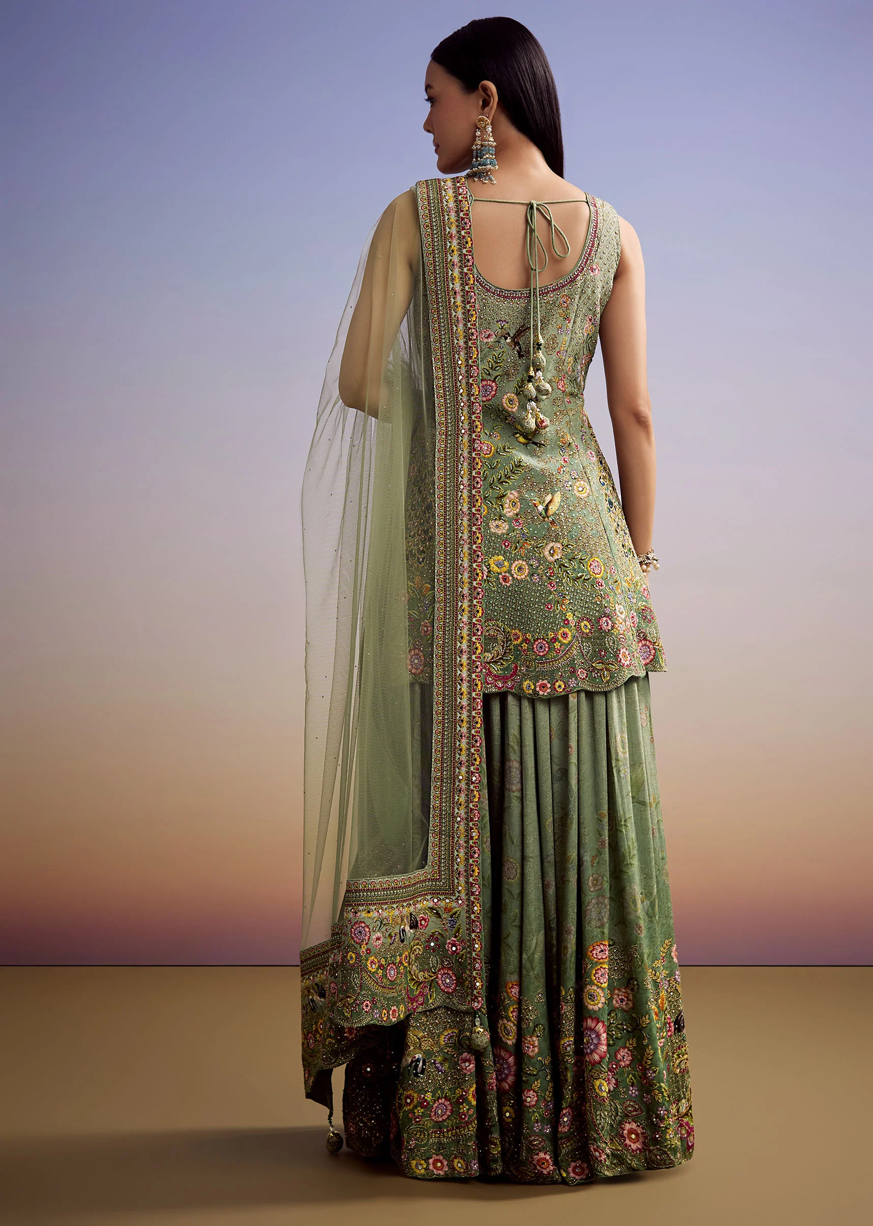 Green Crepe Palazzo Suit With Floral Print And Stone Work - Image 5