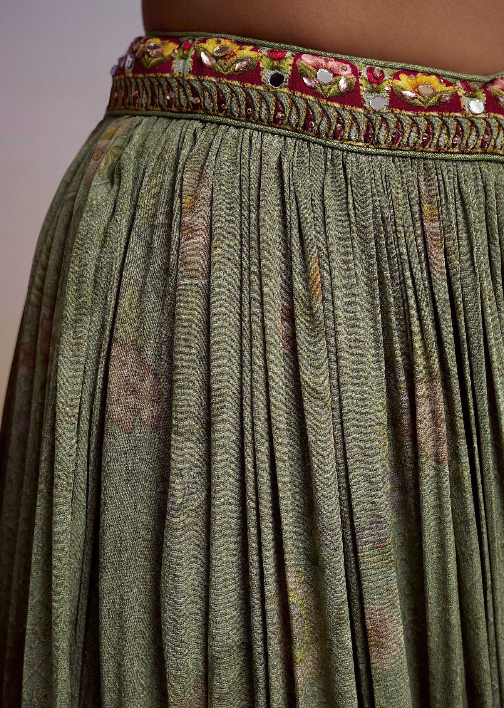 Green Crepe Palazzo Suit With Floral Print And Stone Work - Image 6
