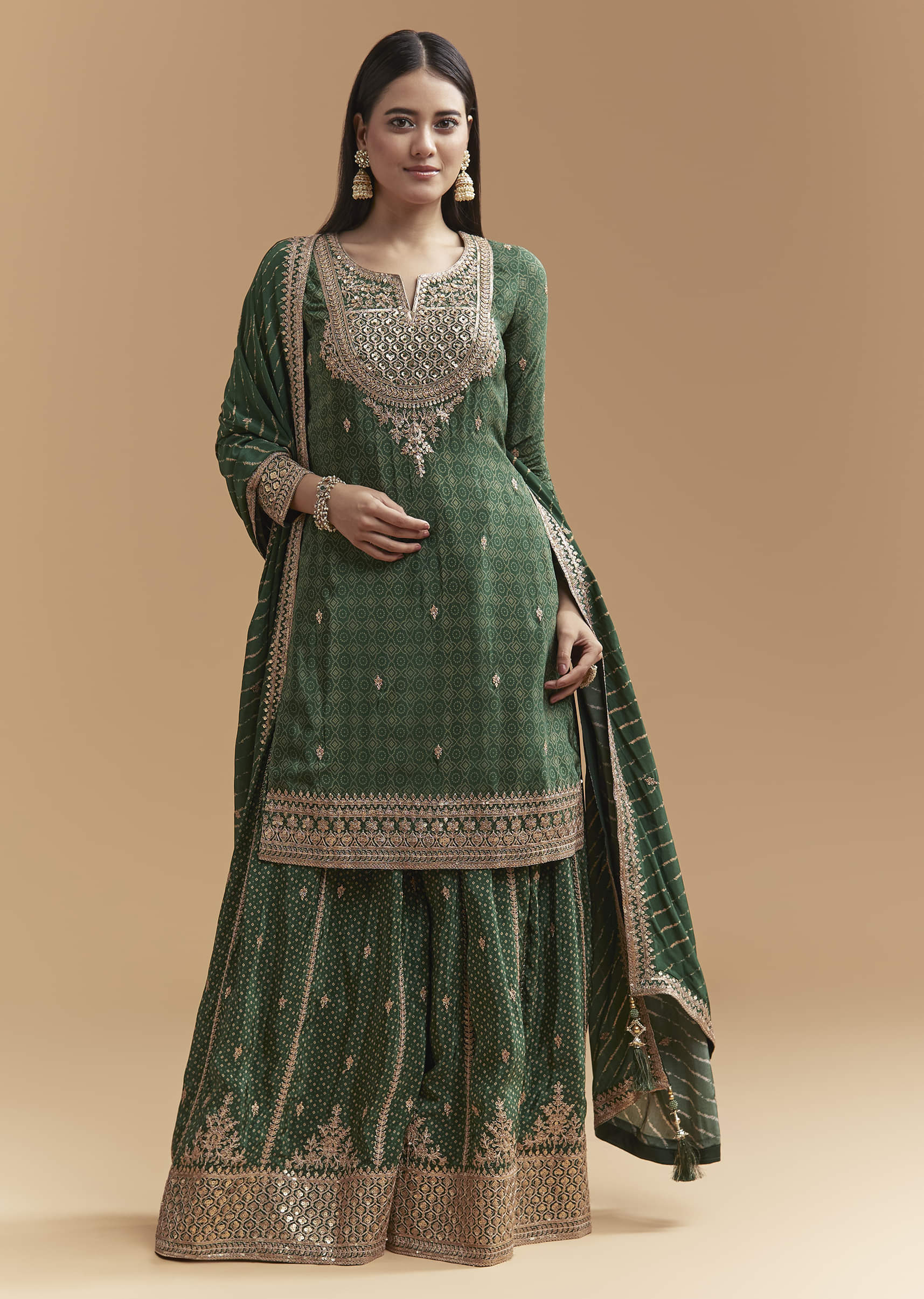 Green Crepe Palazzo Suit With Hand Embroidery And Bandhani Print - Image 3