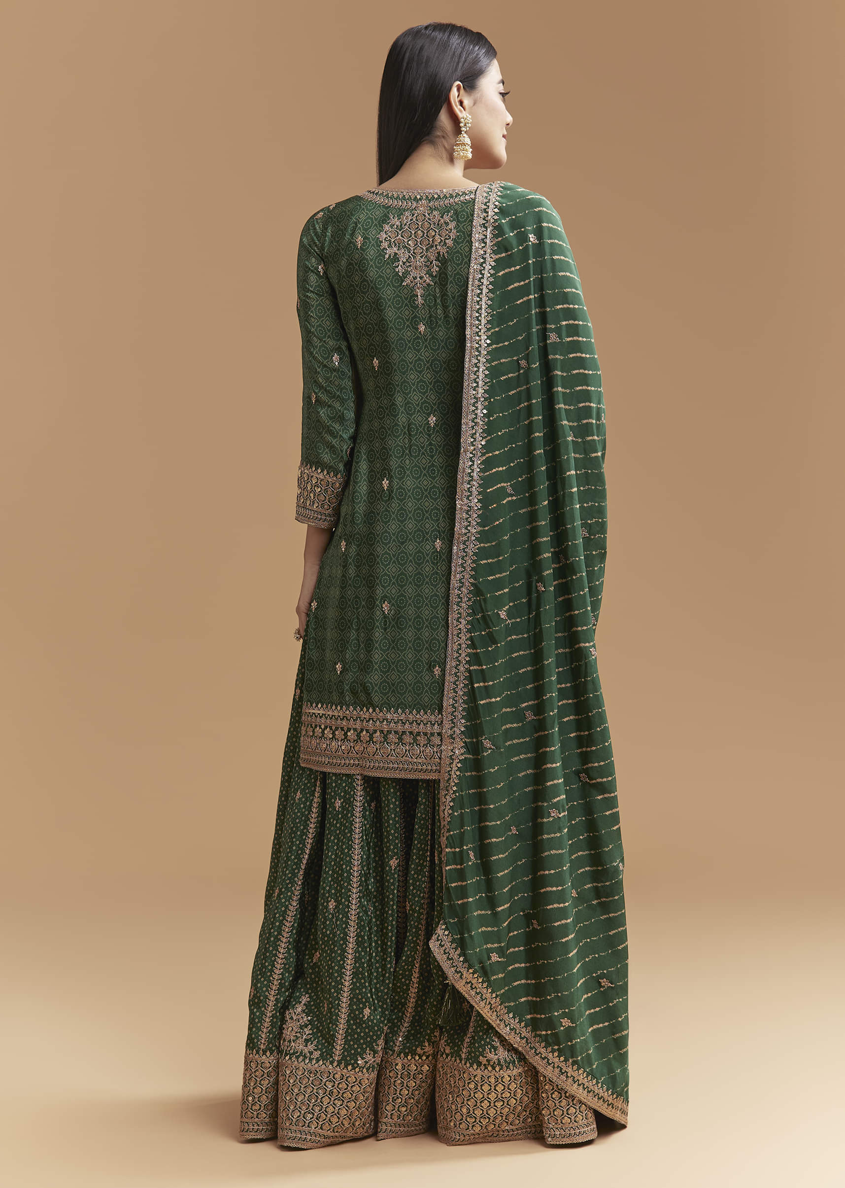 Green Crepe Palazzo Suit With Hand Embroidery And Bandhani Print - Image 5