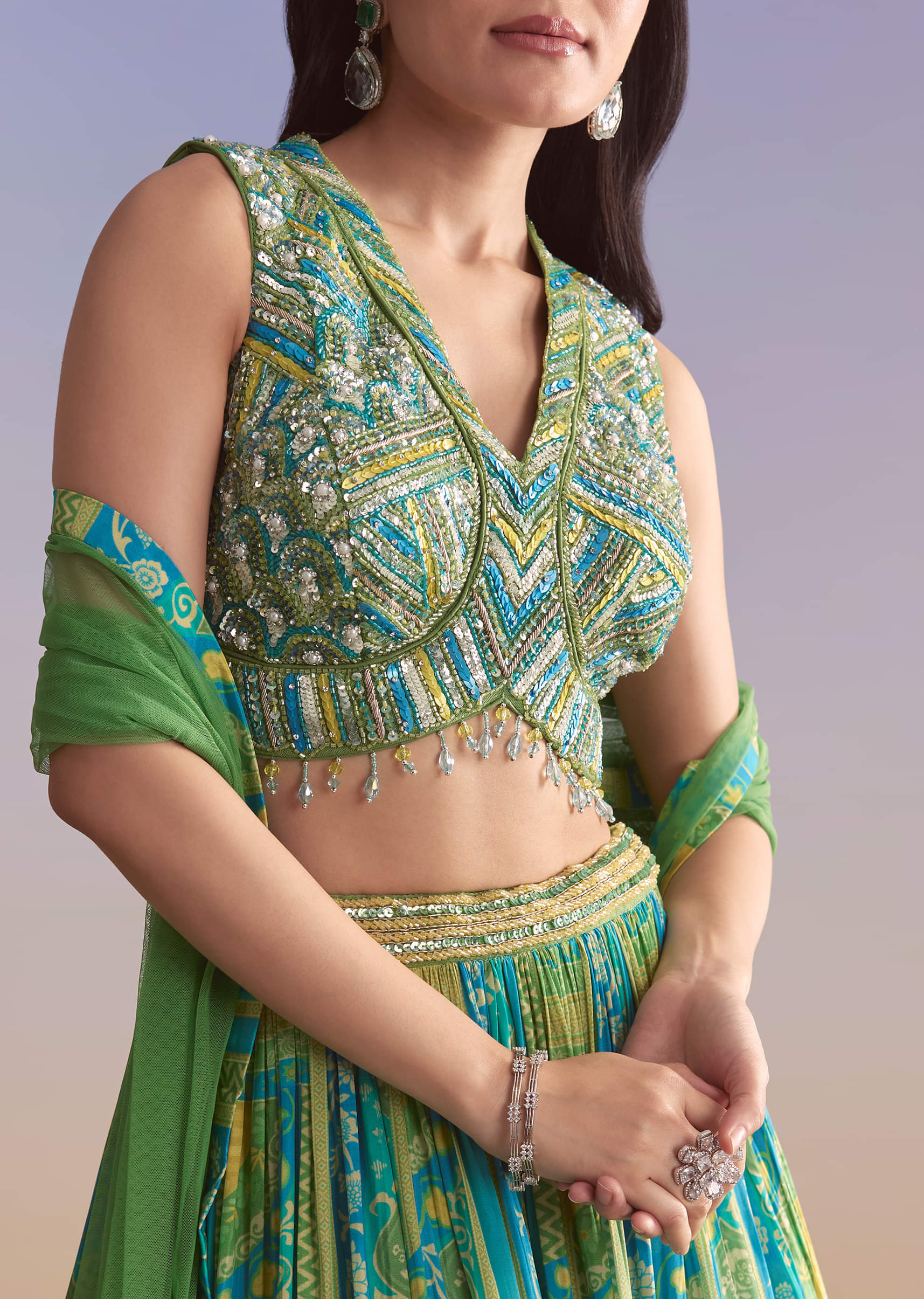 Green Crepe Printed Bridesmaid Lehenga With Embroidered Blouse - Image 3