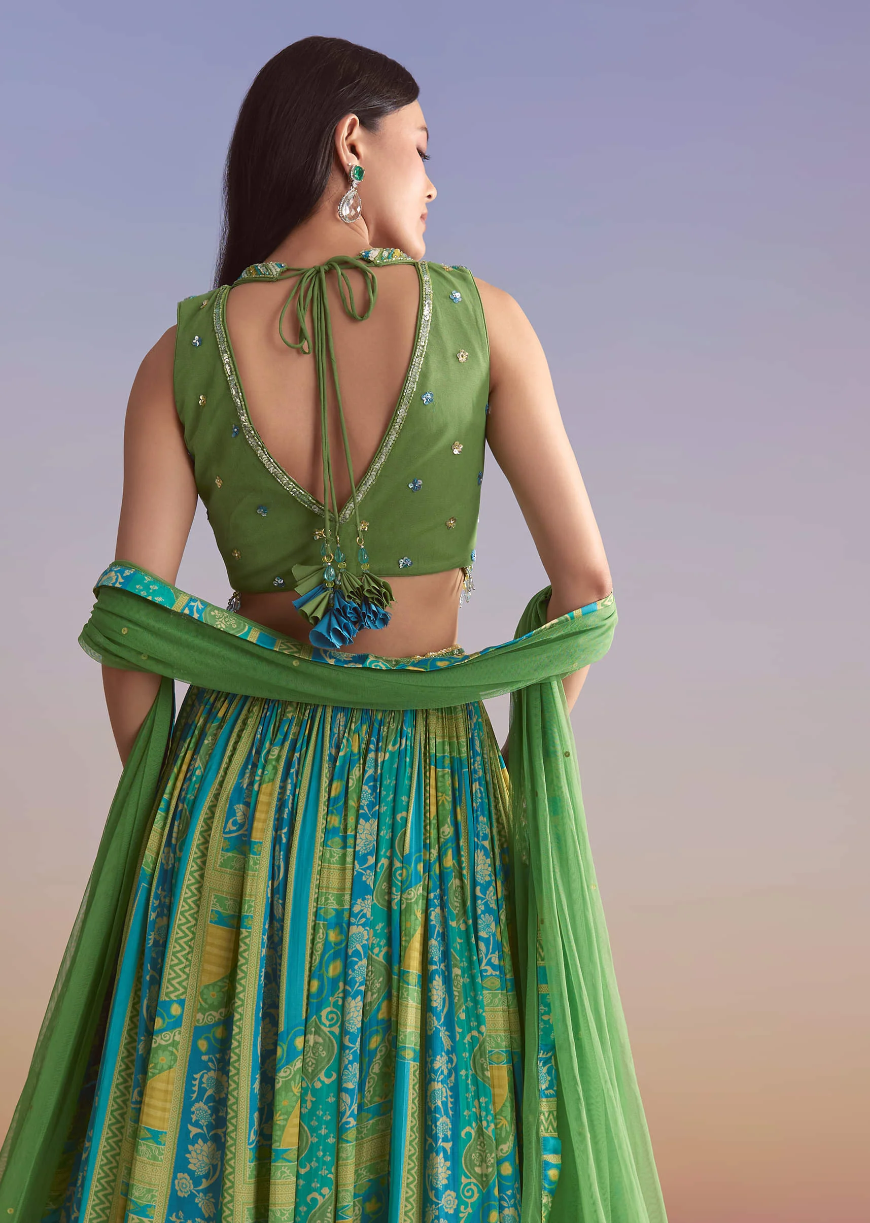 Green Crepe Printed Bridesmaid Lehenga With Embroidered Blouse - Image 6