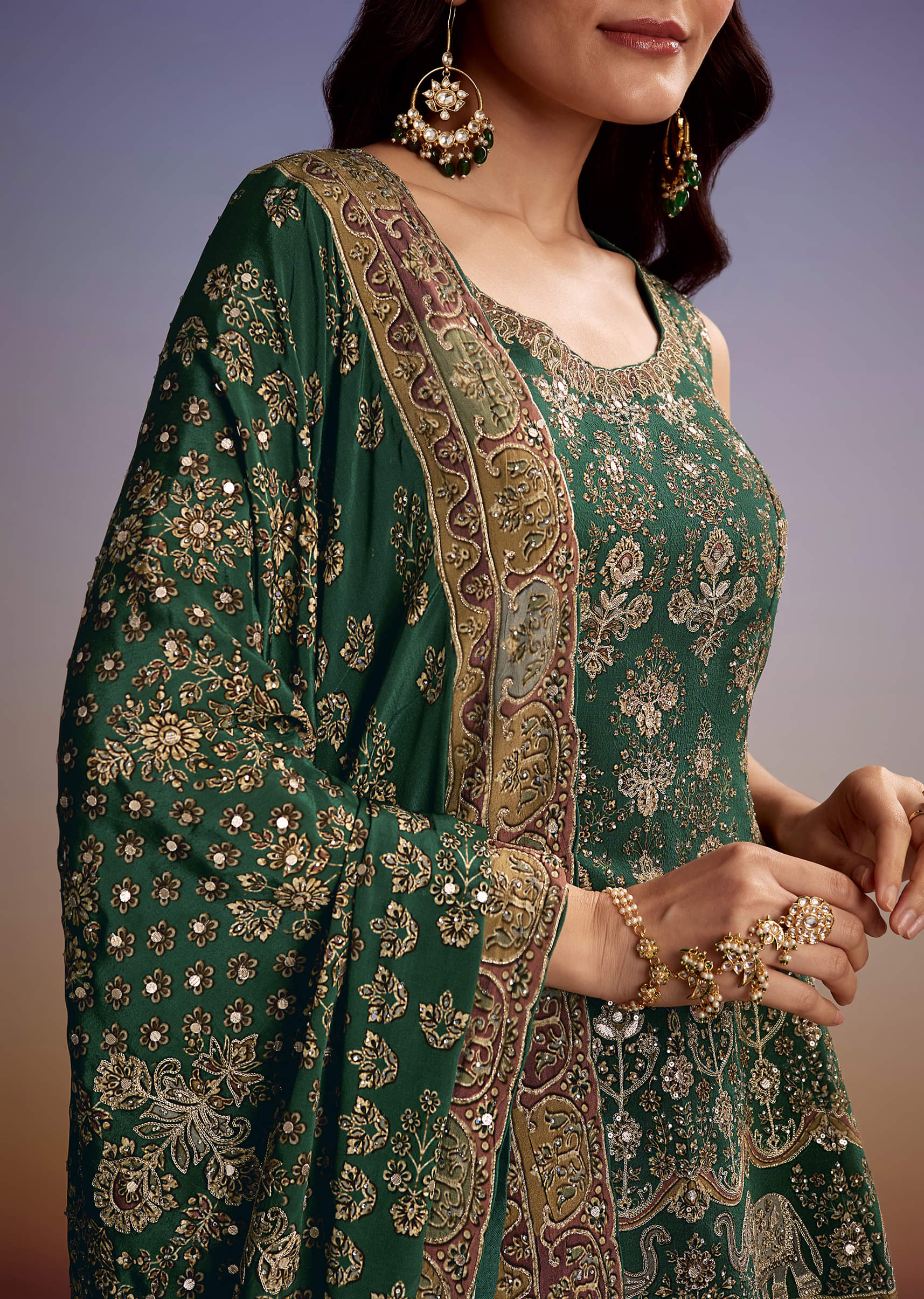 Green Crepe Printed Palazzo Suit With Gotta Work - Image 2
