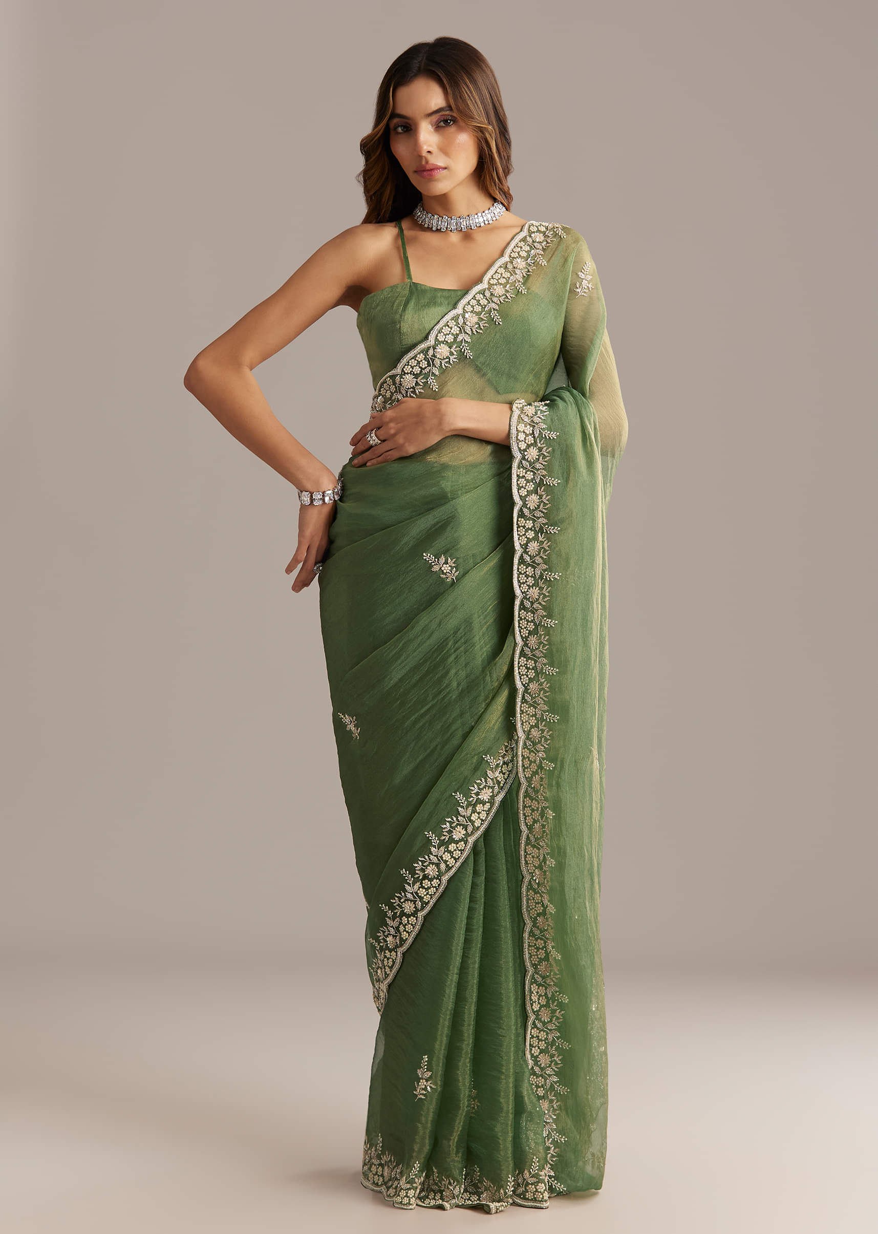 Green Crush Tissue Saree With Floral Embroidery And Stones - Image 3