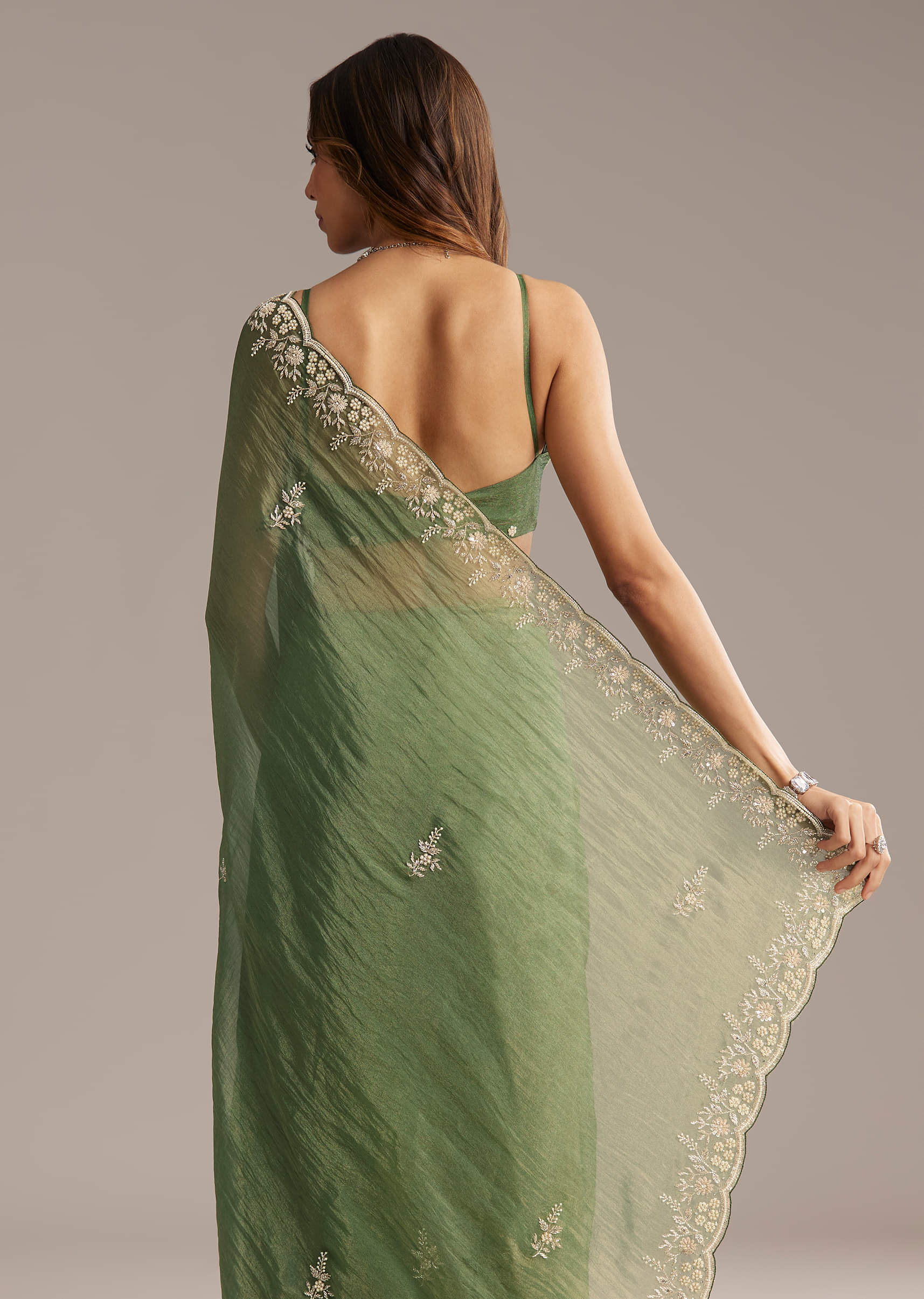 Green Crush Tissue Saree With Floral Embroidery And Stones - Image 5