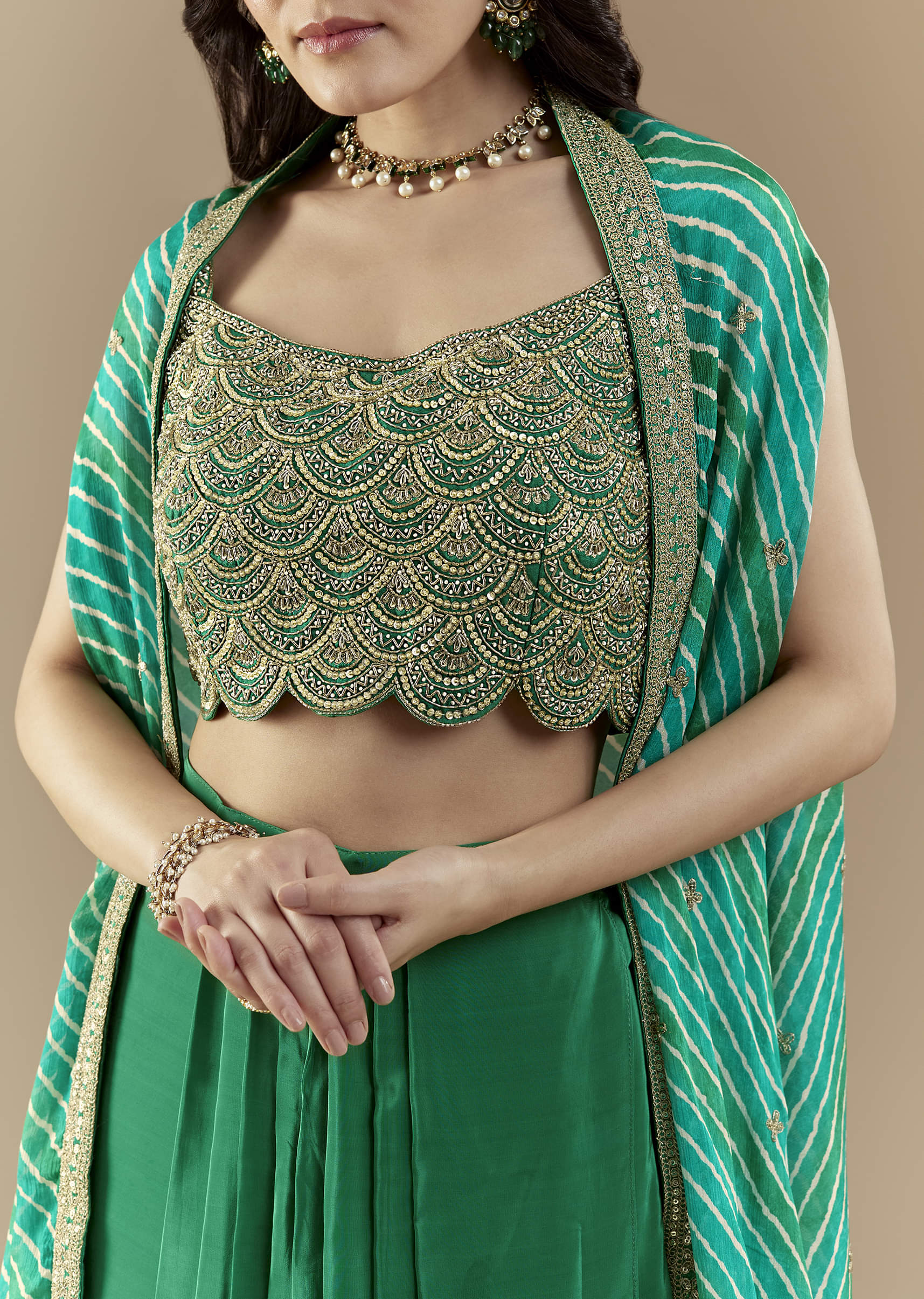 Green Embellished Crop Top Skirt Set with Leheriya Cape - Image 2
