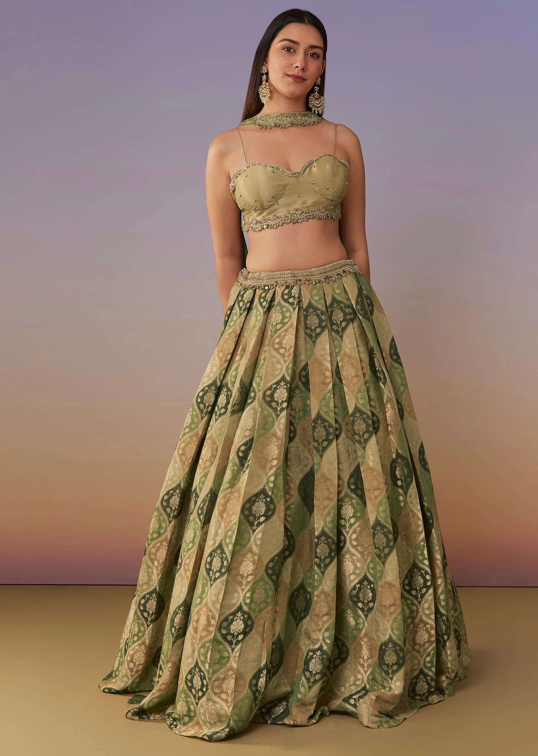 Green Embellished Spaghetti Blouse Lehenga Set With Choker Dupatta - Image 4