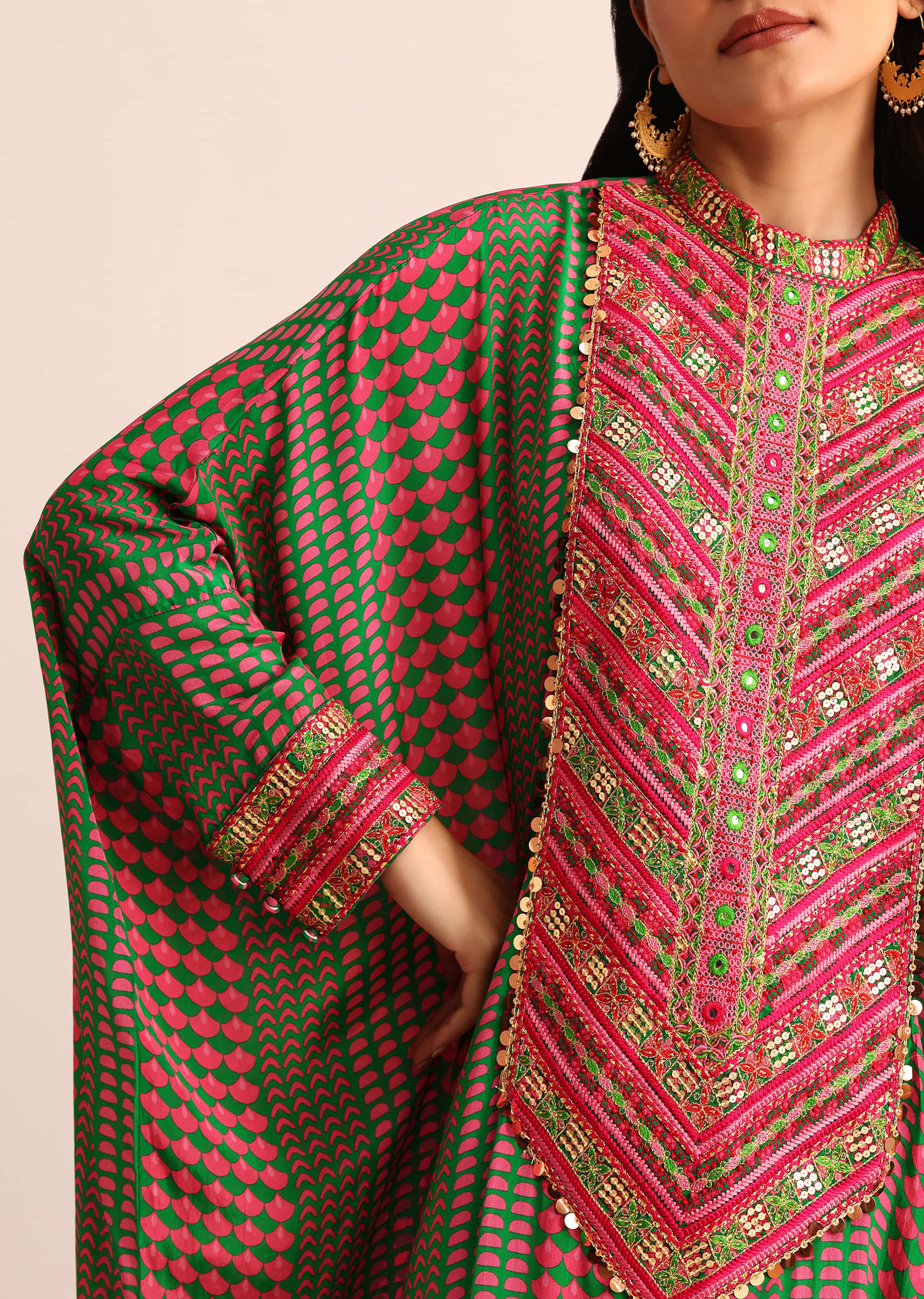 Green Embroidered Crepe Kaftan Kurti And Pant - Image 2