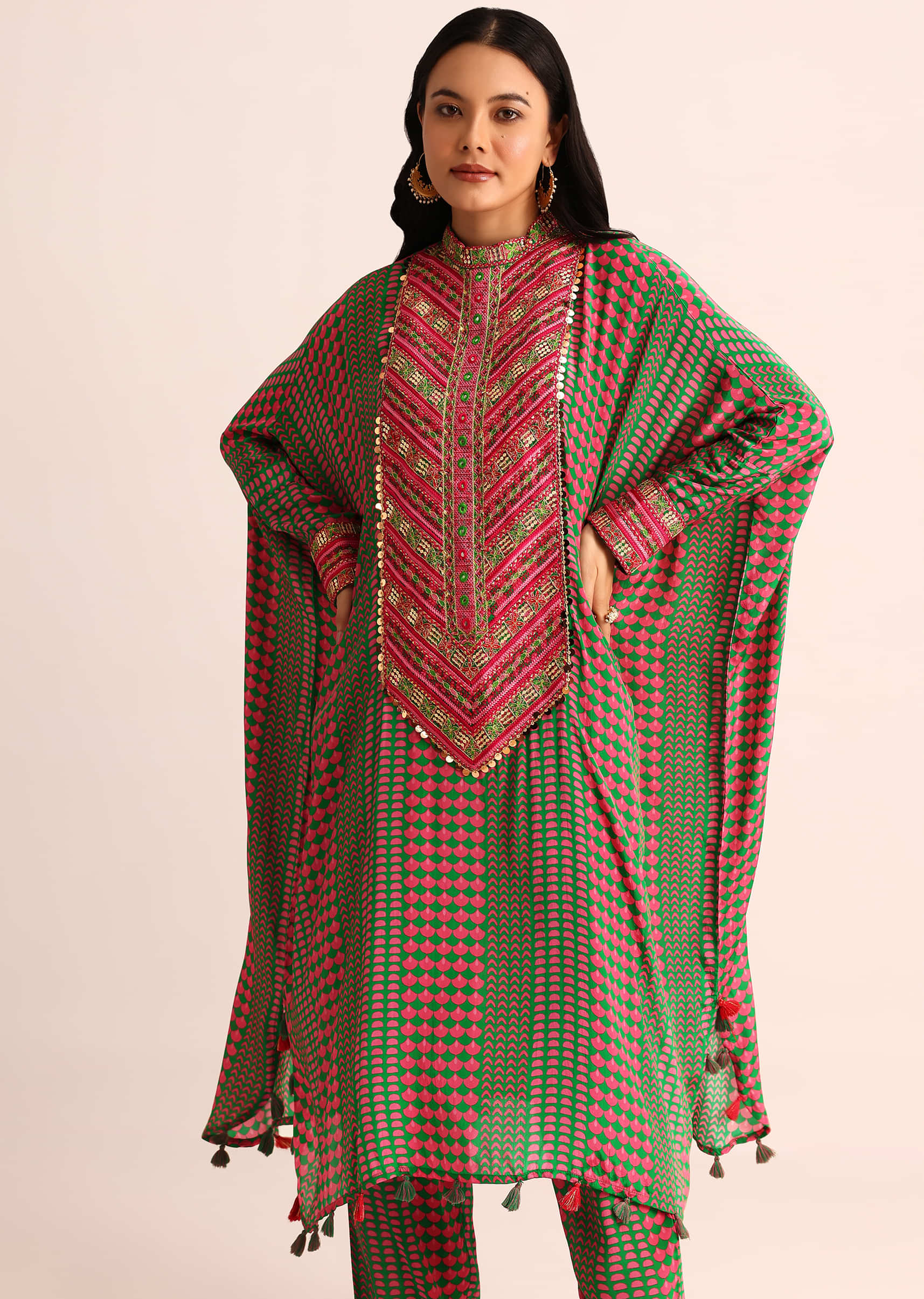 Green Embroidered Crepe Kaftan Kurti And Pant - Image 4