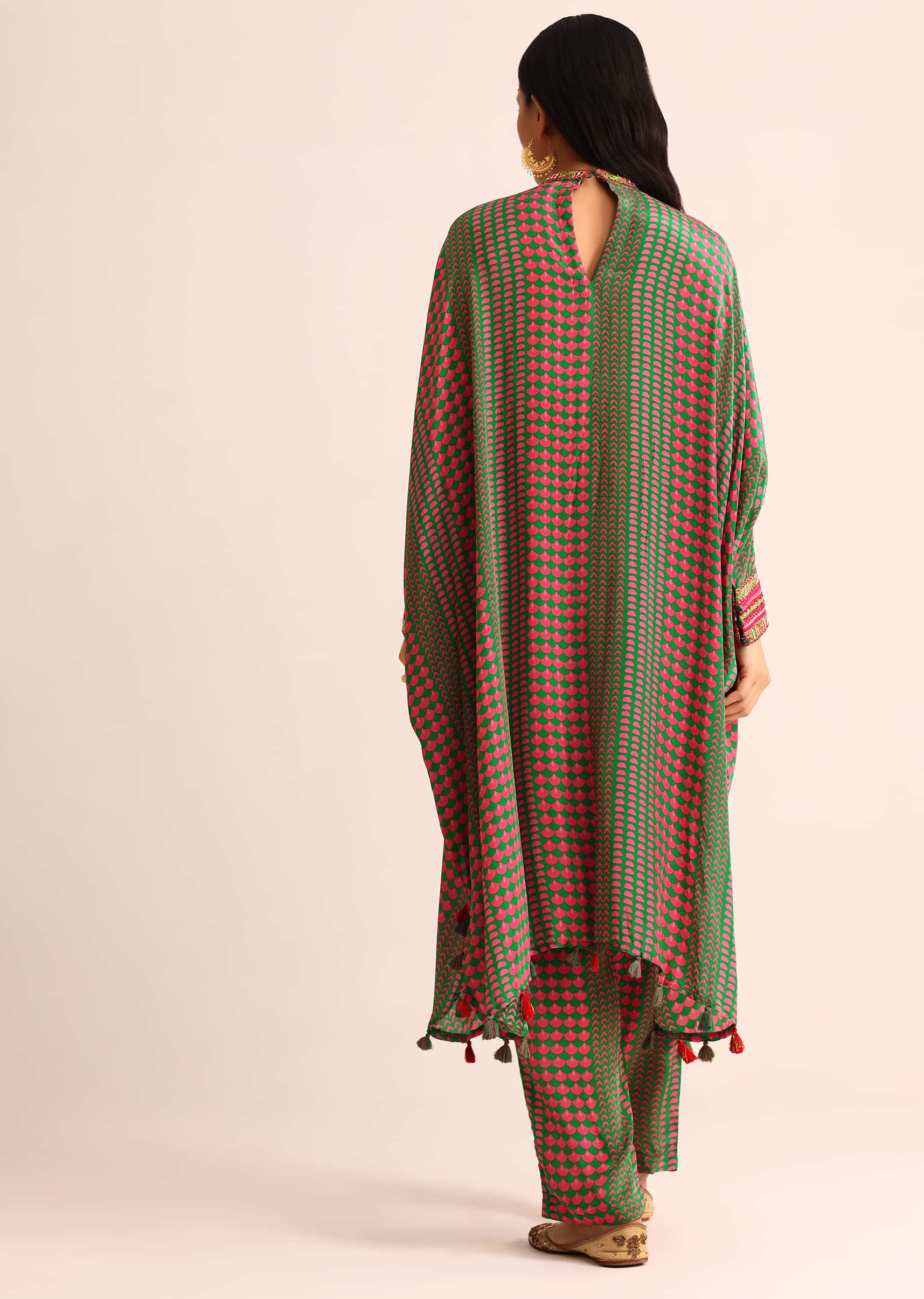 Green Embroidered Crepe Kaftan Kurti And Pant - Image 5