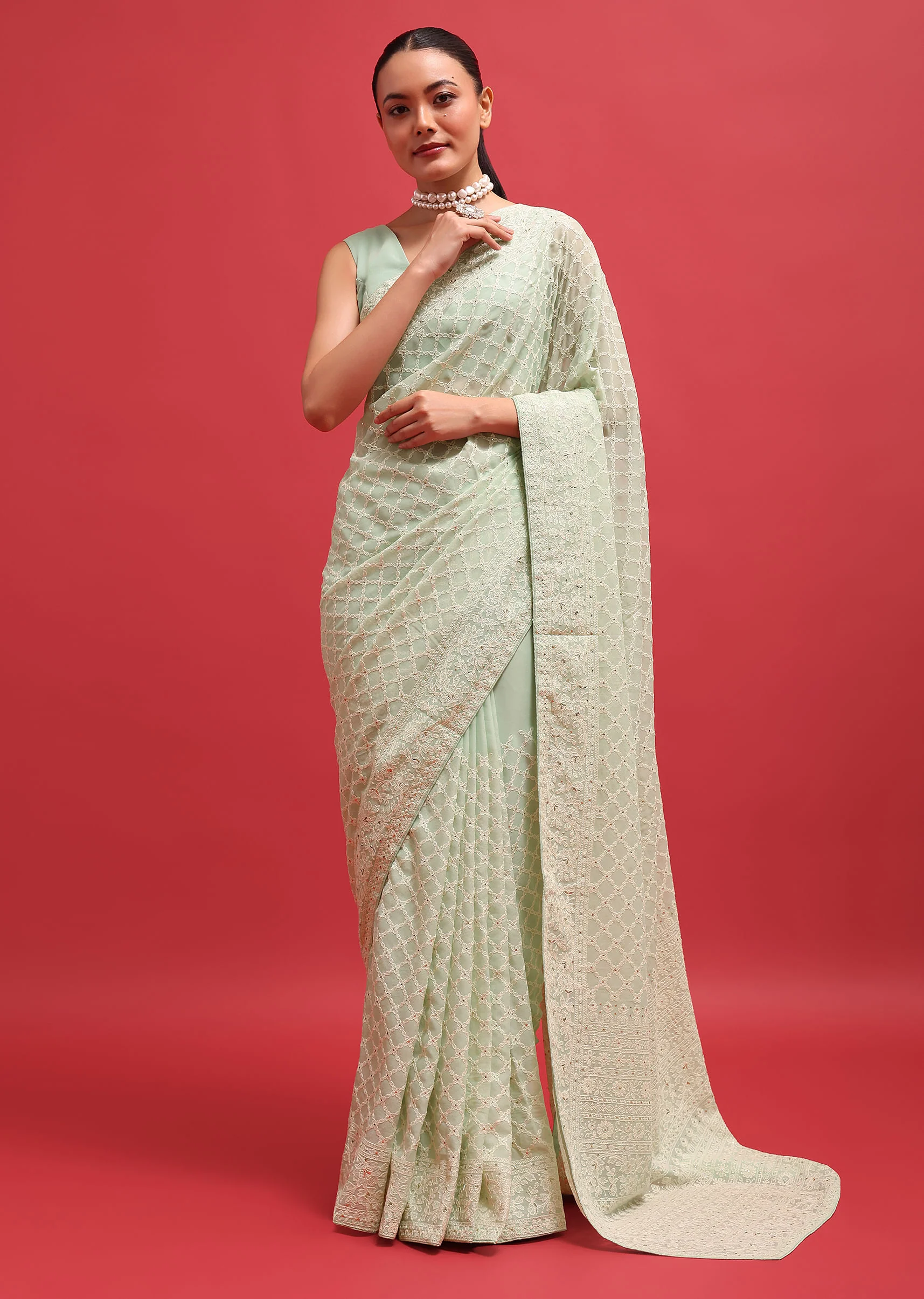 Green Embroidered Georgette Chikankari Saree With Unstitched Blouse - Image 2