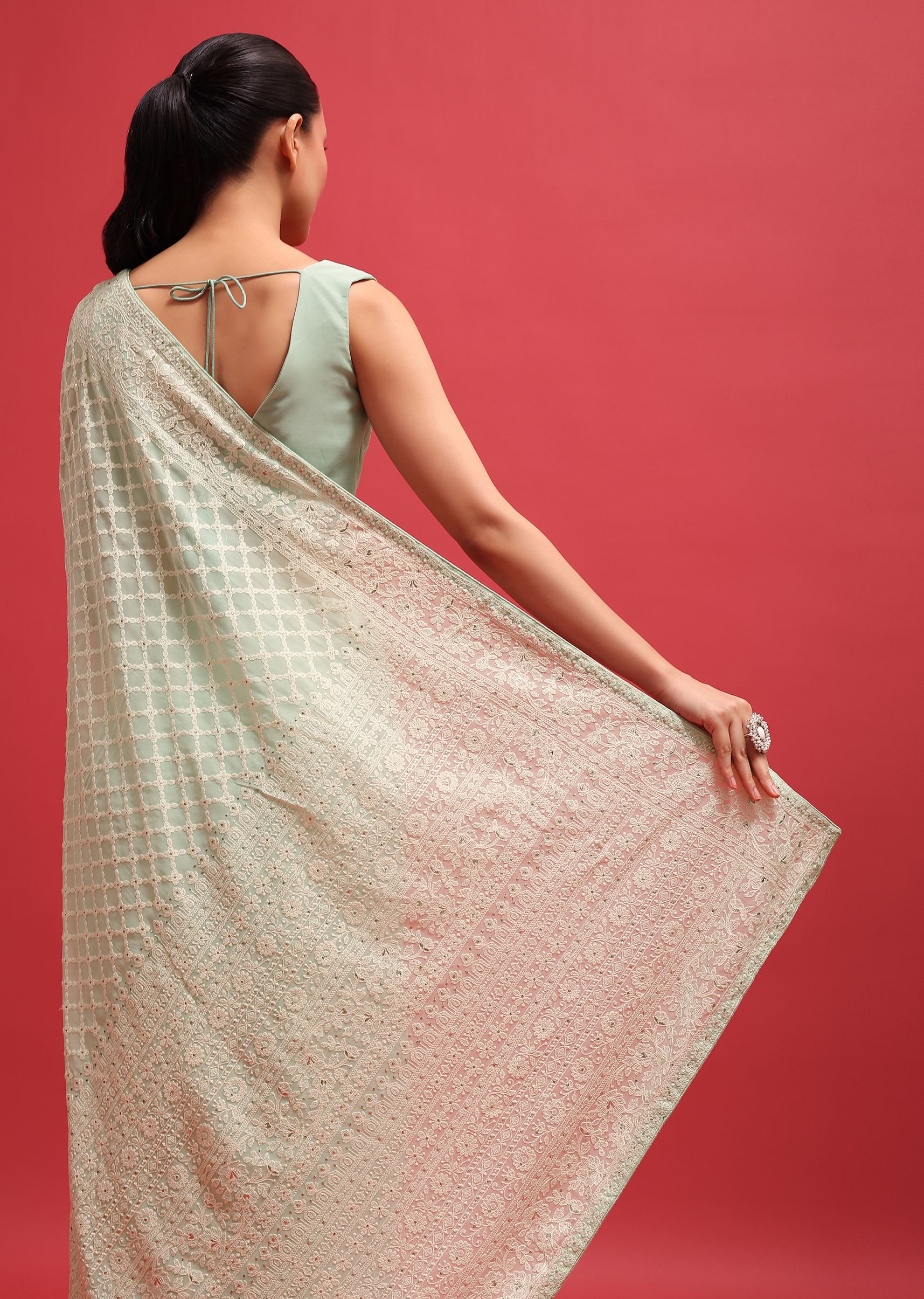 Green Embroidered Georgette Chikankari Saree With Unstitched Blouse - Image 6