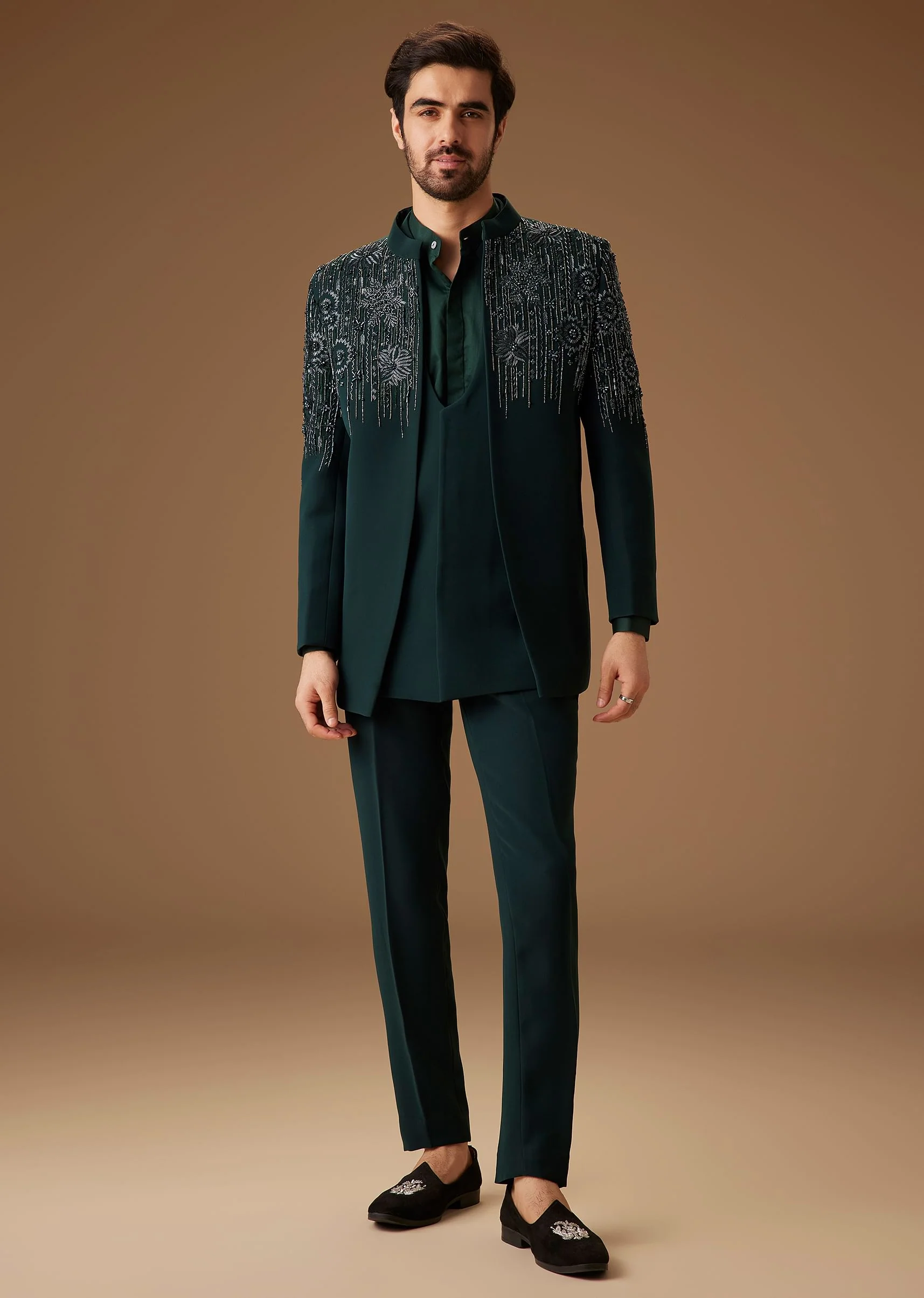 Green Embroidered Indo Western Jacket Set - Image 3