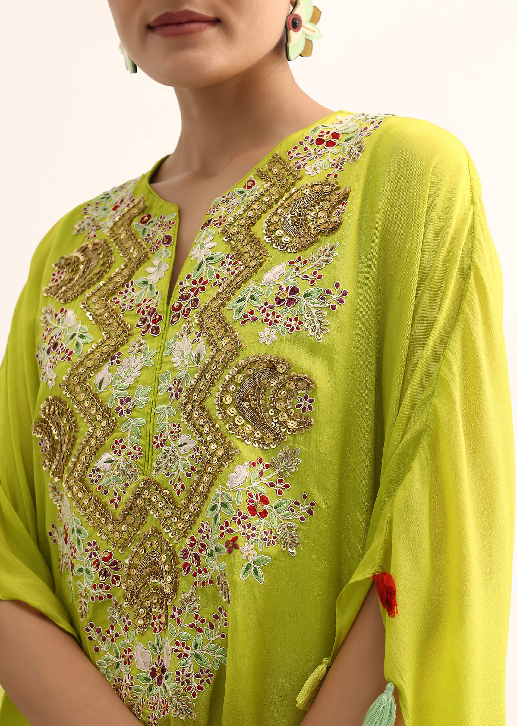 Green Embroidered Kaftan Kurta Set - Image 2