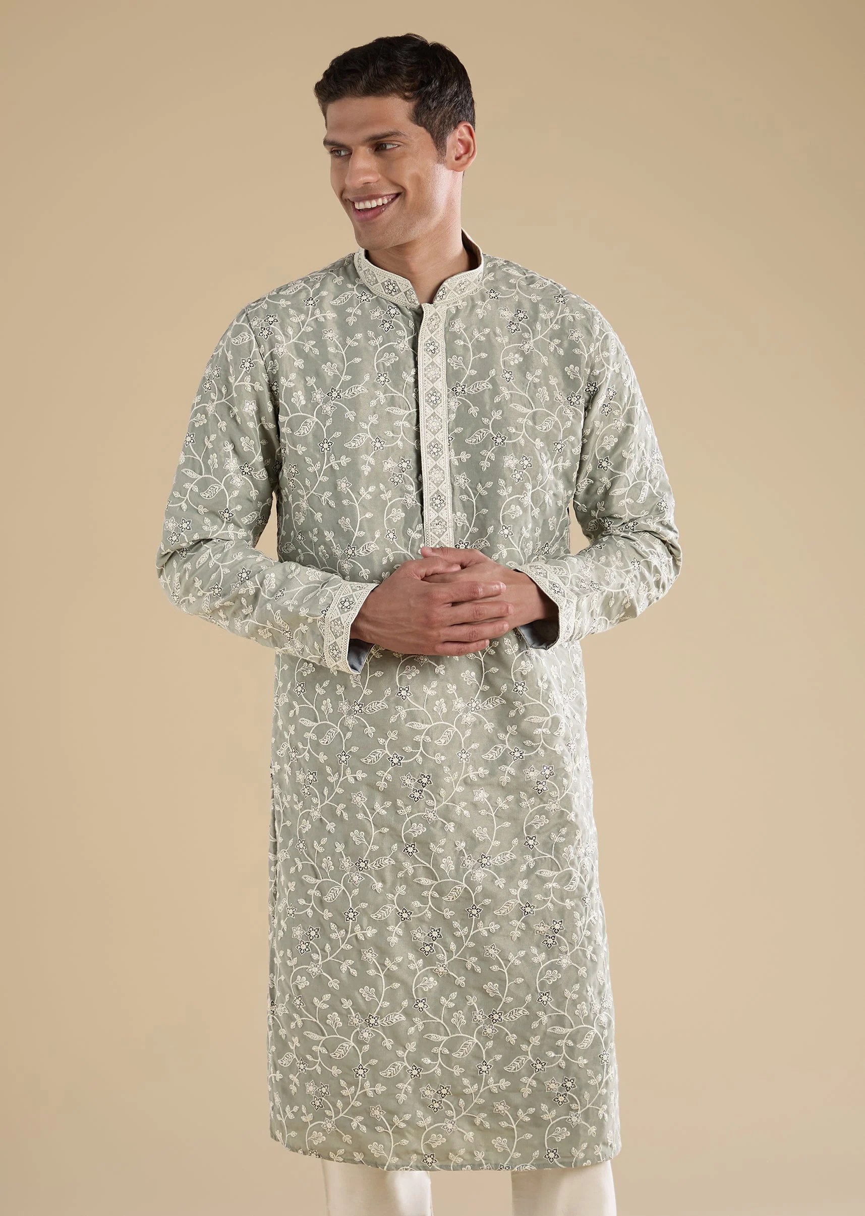 Green Embroidered Kurta Set For Men - Image 4