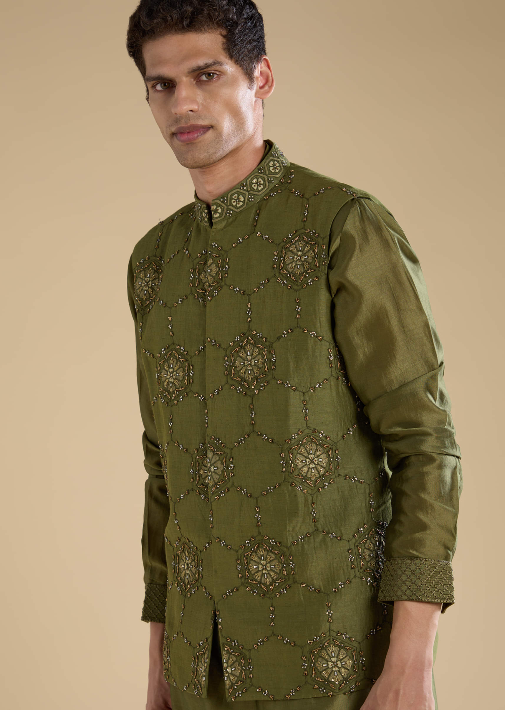 Green Embroidered Mens Satin Jacket Kurta and Pant Set - Image 2