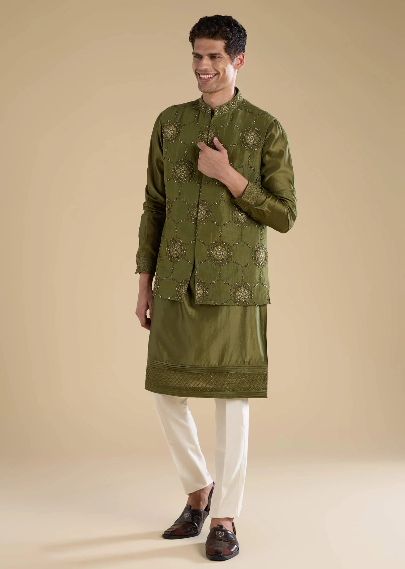 Green Embroidered Mens Satin Jacket Kurta and Pant Set - Image 3