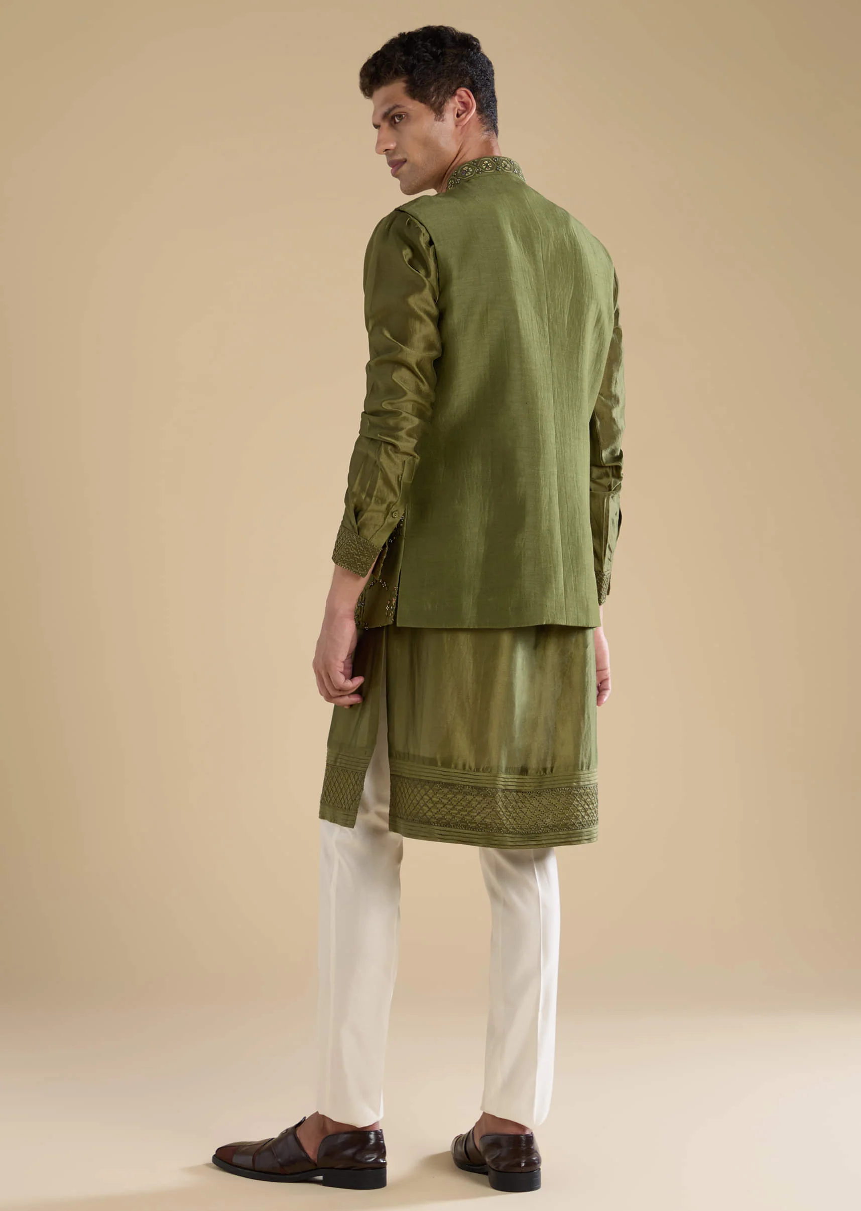 Green Embroidered Mens Satin Jacket Kurta and Pant Set - Image 5