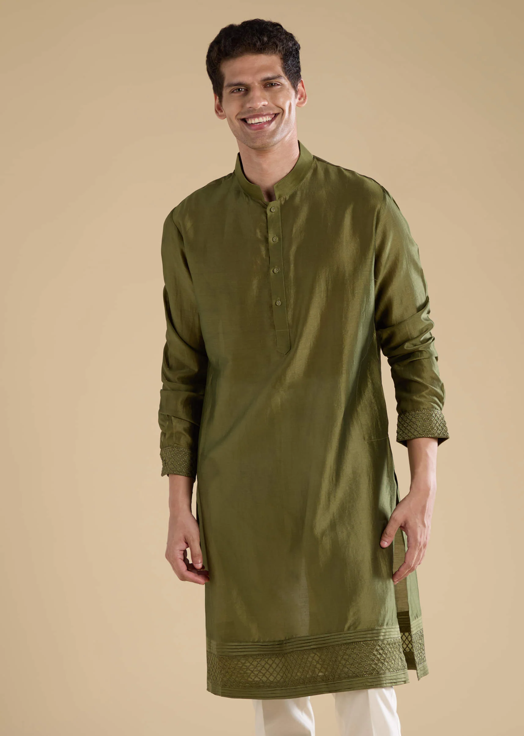 Green Embroidered Mens Satin Jacket Kurta and Pant Set - Image 6