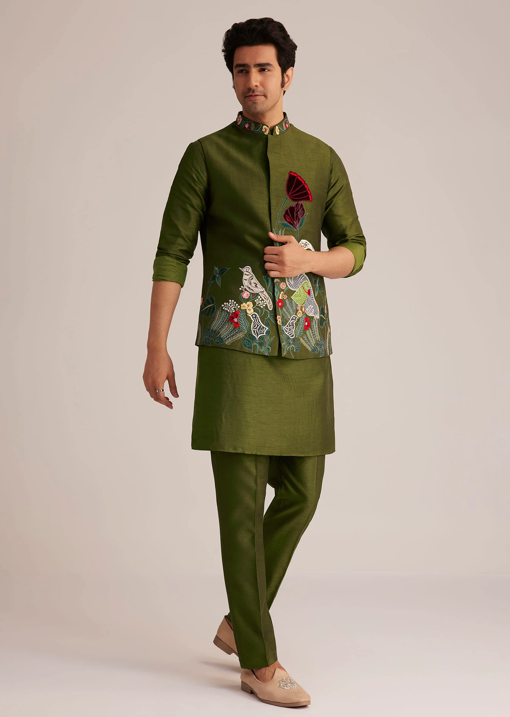 Green Embroidered Nehru Jacket With Bird Detailing - Image 2