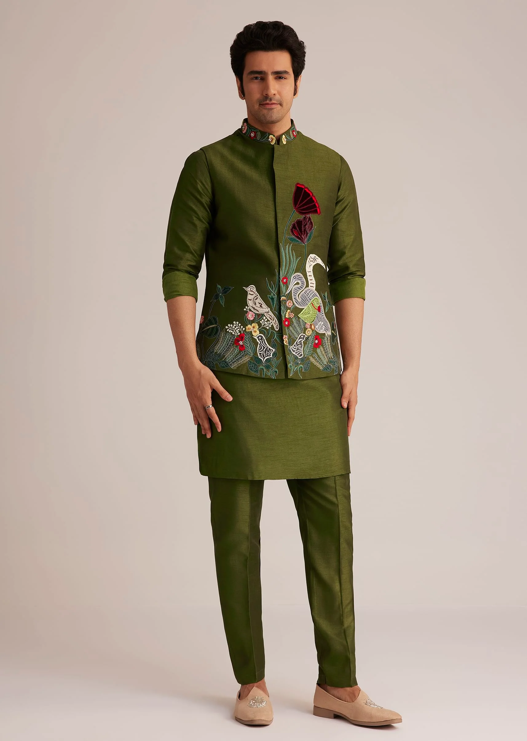 Green Embroidered Nehru Jacket With Bird Detailing - Image 4