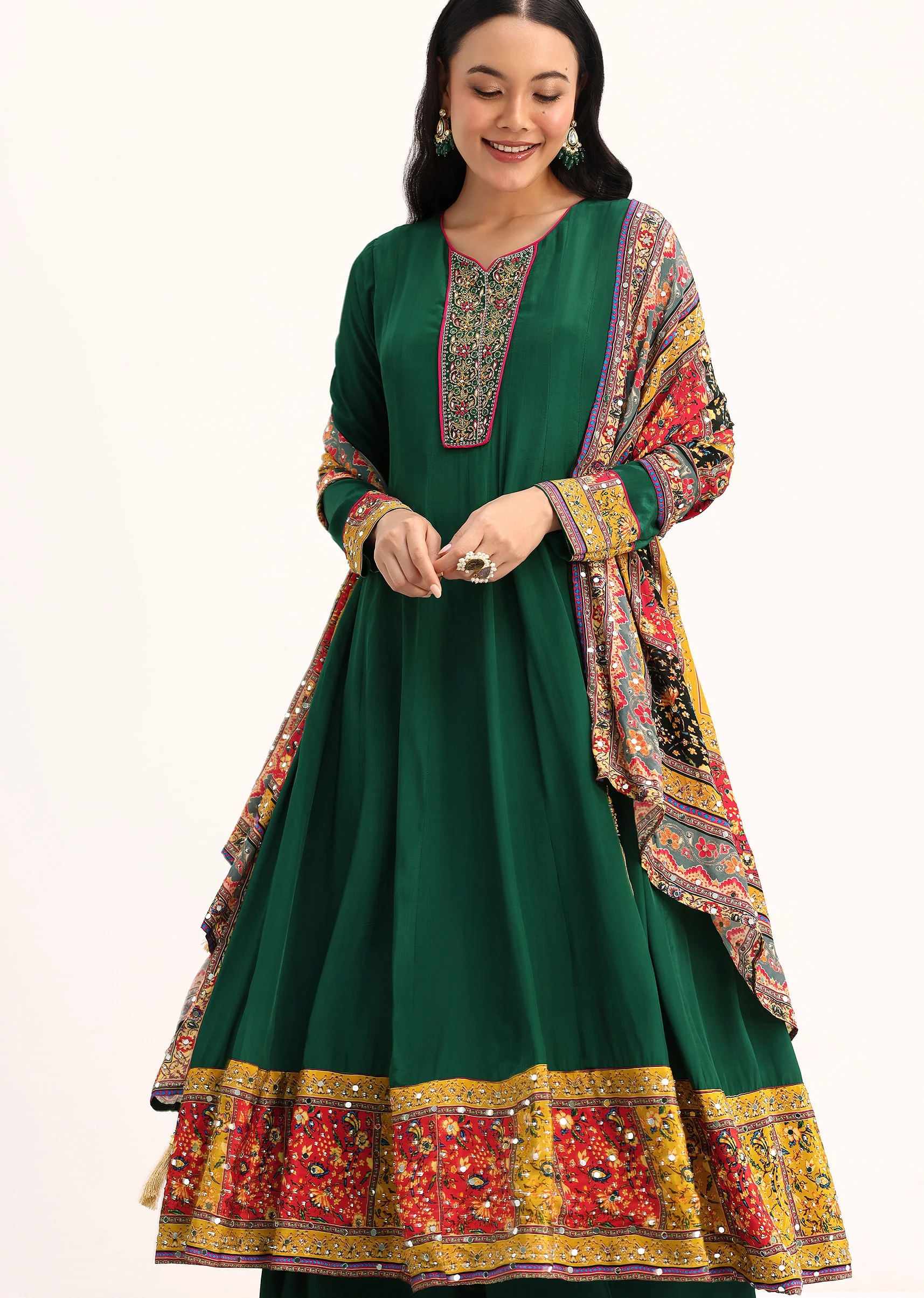Green Embroidered Satin Kurta Palazzo With Dupatta - Image 4