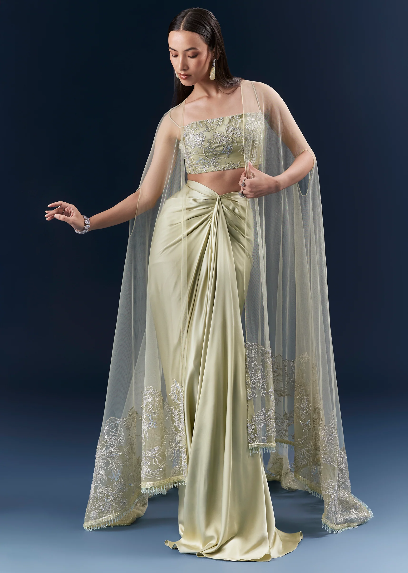 Green Festive Duo – Satin Crop Top Skirt Set For Her And Tussar Jodhpuri Set For Him - Image 3