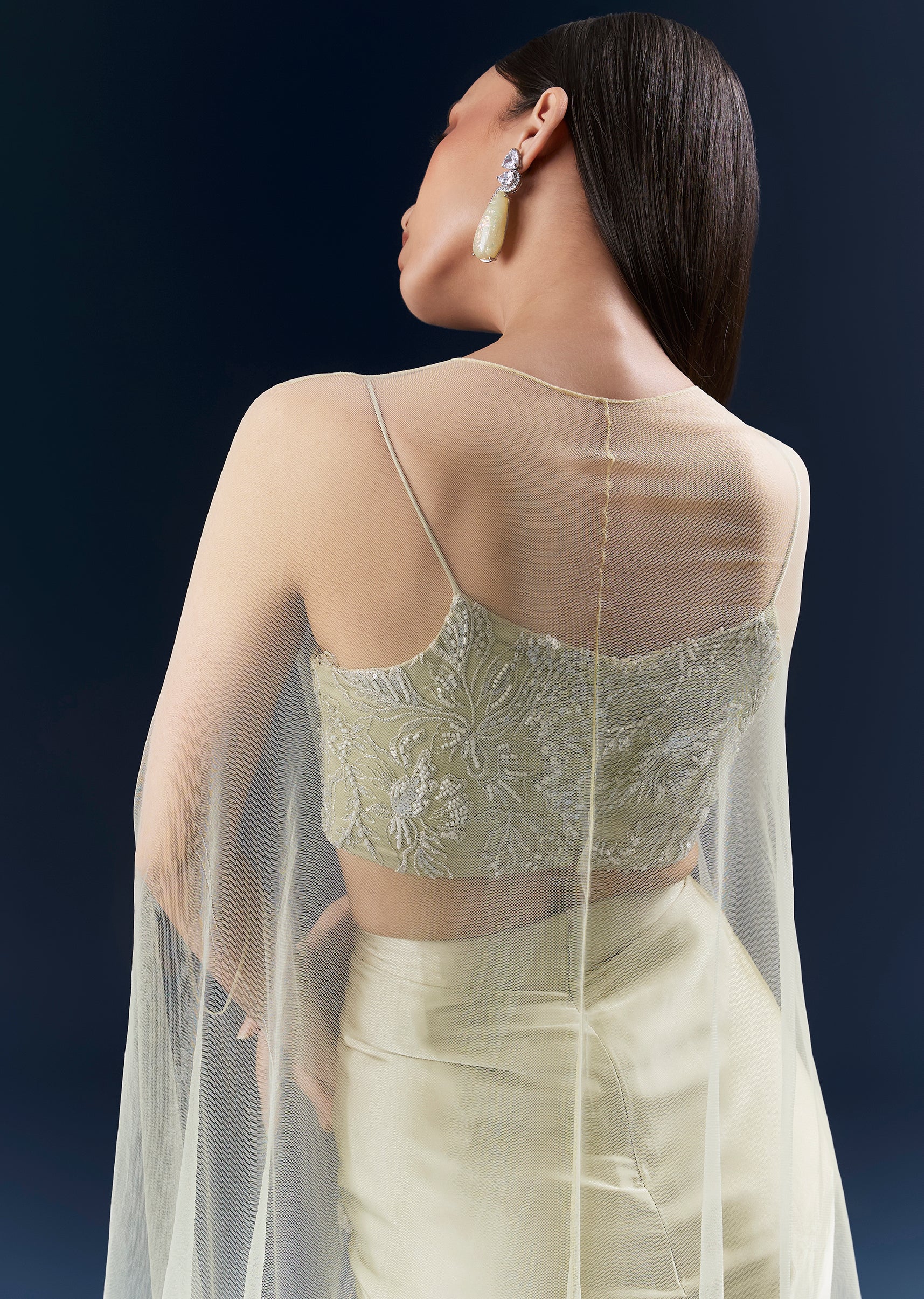 Green Festive Duo – Satin Crop Top Skirt Set For Her And Tussar Jodhpuri Set For Him - Image 6