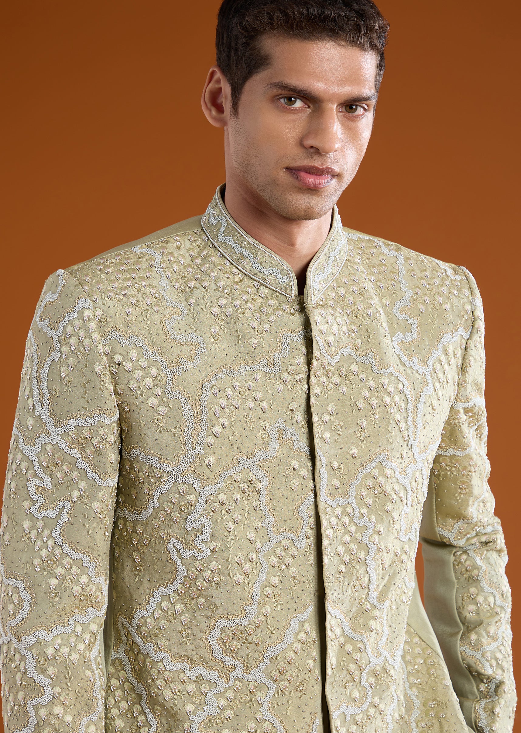 Green Festive Duo – Satin Crop Top Skirt Set For Her And Tussar Jodhpuri Set For Him - Image 7
