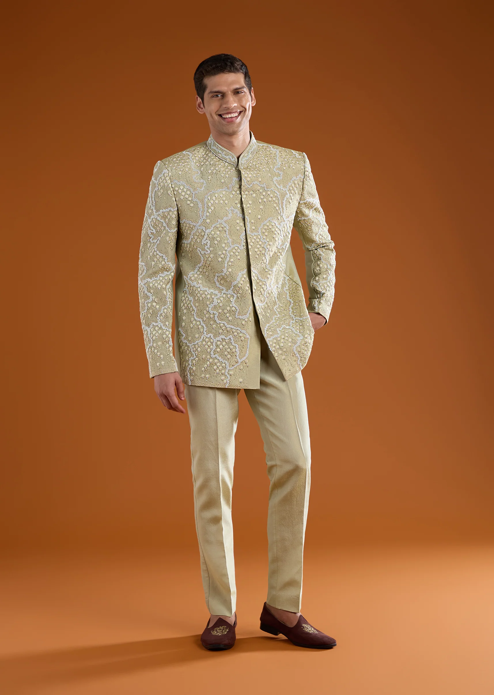 Green Festive Duo – Satin Crop Top Skirt Set For Her And Tussar Jodhpuri Set For Him - Image 8