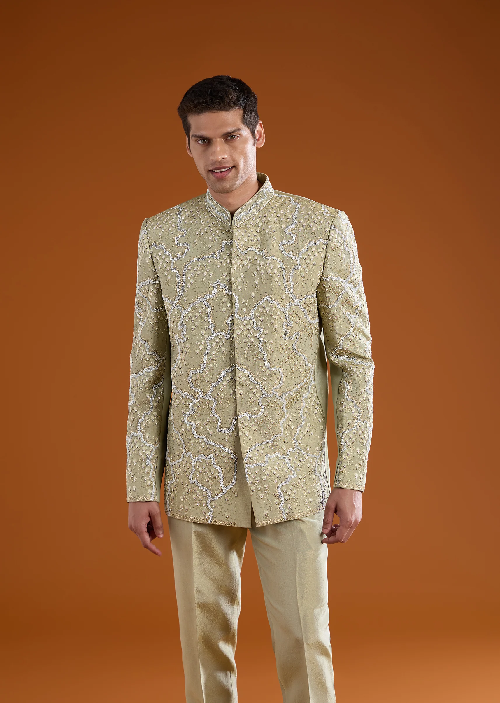 Green Festive Duo – Satin Crop Top Skirt Set For Her And Tussar Jodhpuri Set For Him - Image 9