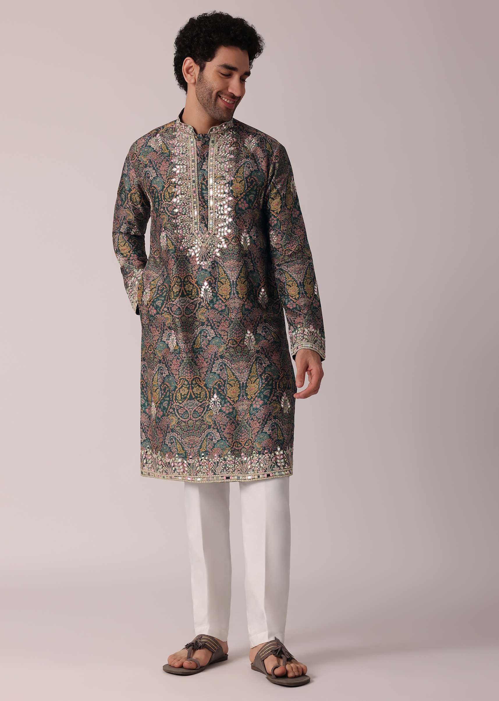 Green Festive Floral Printed Silk Kurta Set For Men - Image 2