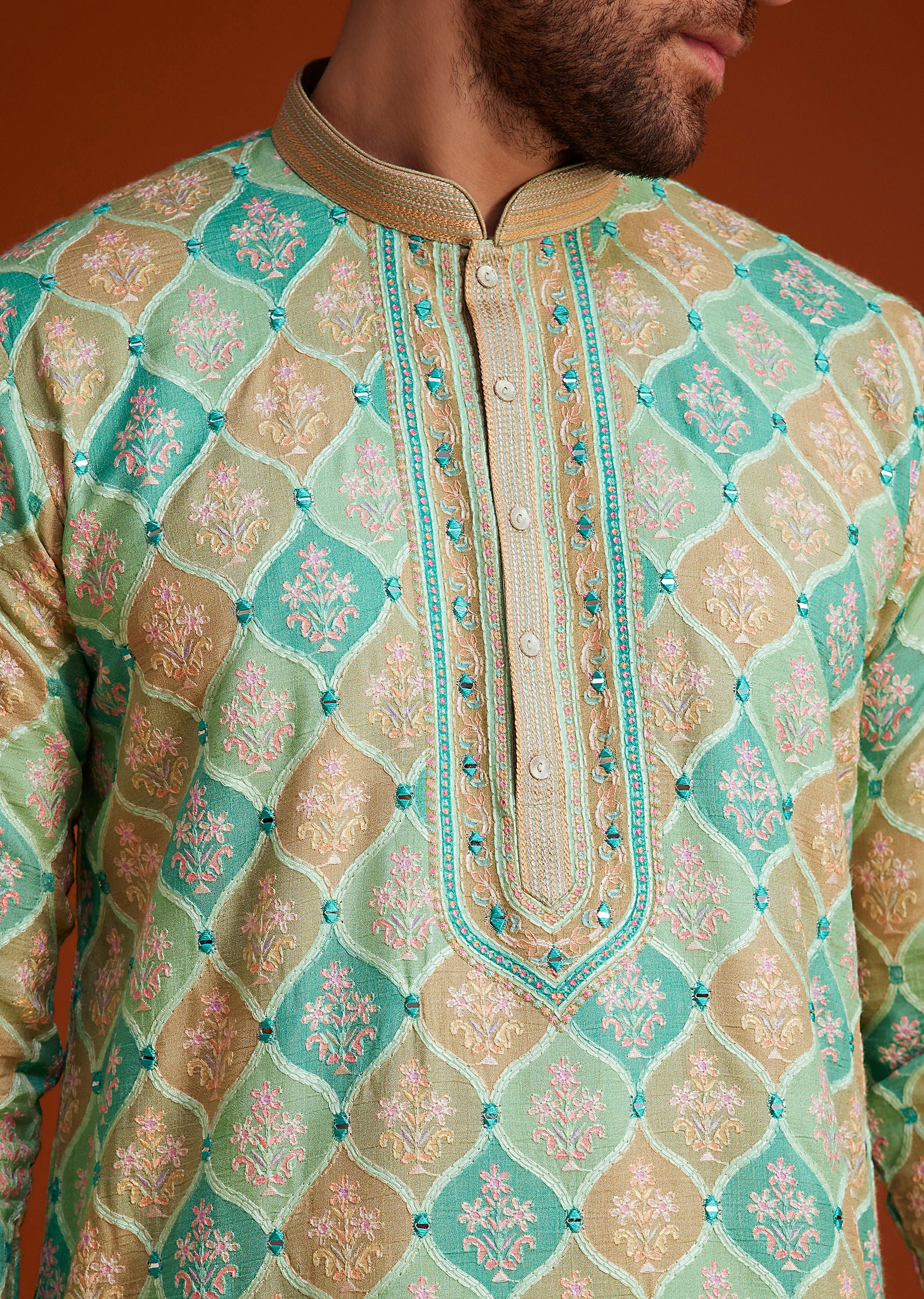 Green Floral Geometric Printed Kurta Pajama Set - Image 4