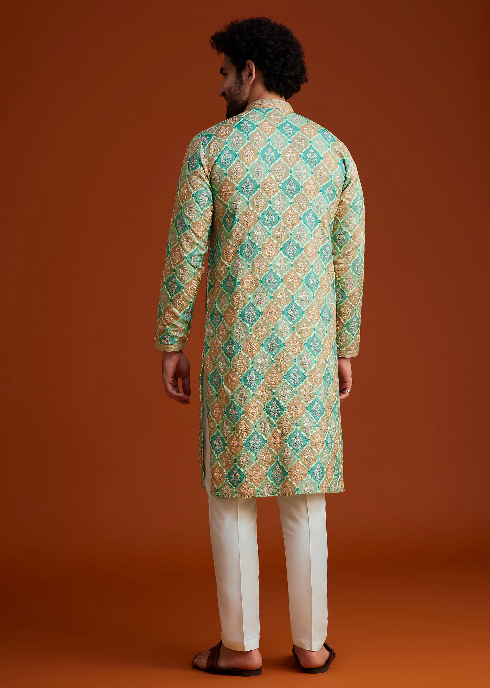 Green Floral Geometric Printed Kurta Pajama Set - Image 6