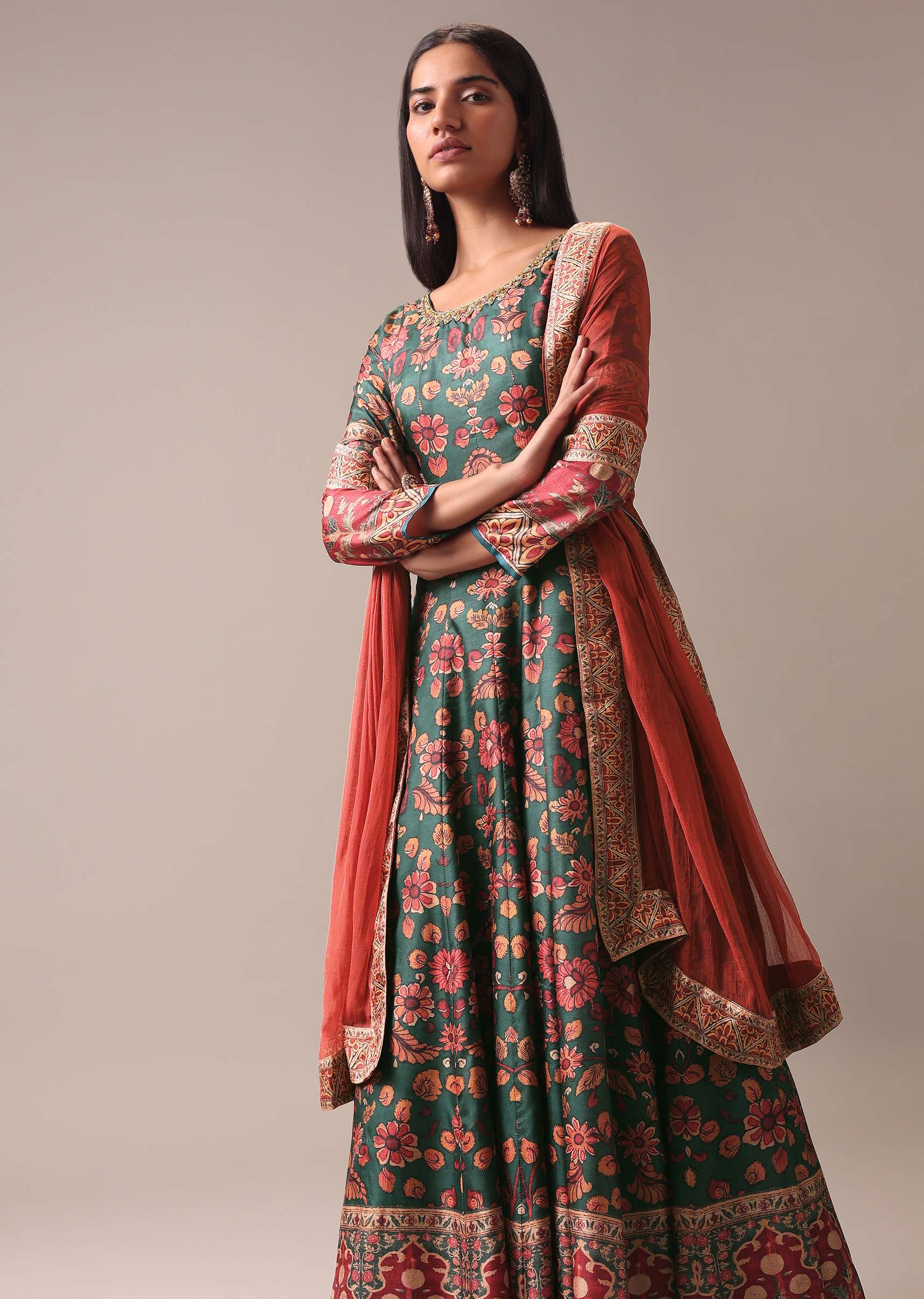 Green Floral Printed Anarkali Suit Set In Silk - Image 4