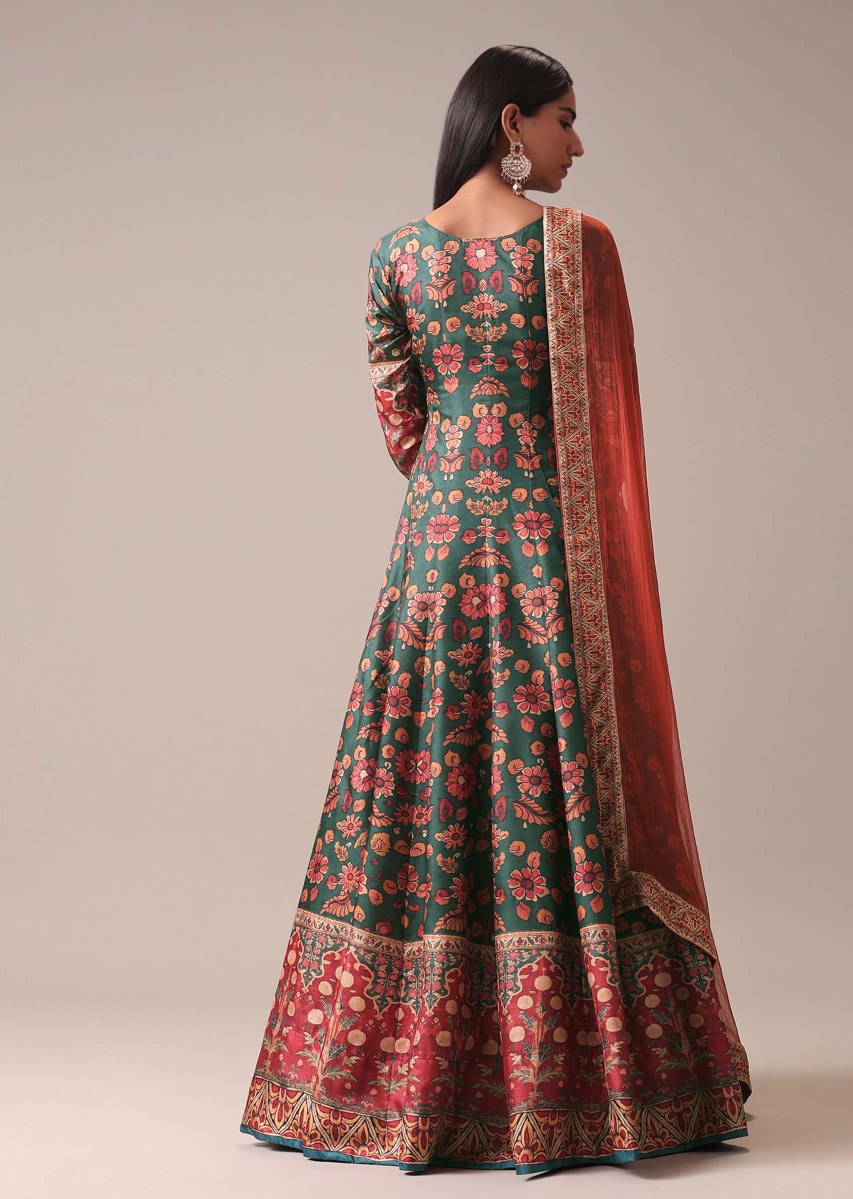 Green Floral Printed Anarkali Suit Set In Silk - Image 5