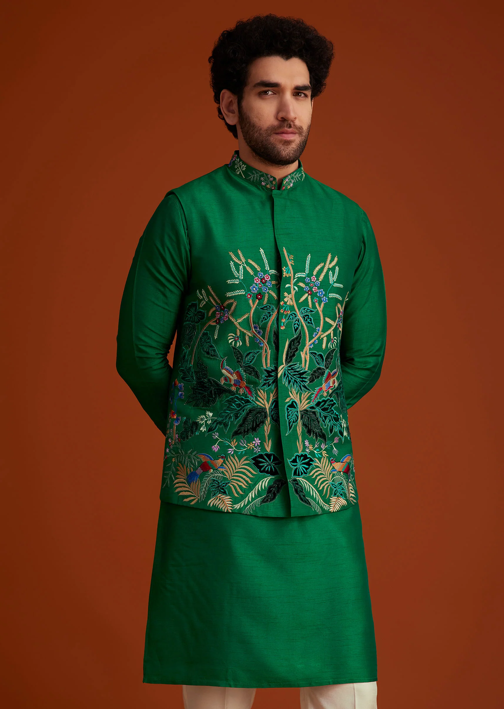 Green Floral Resham Embroidered Kurta Jacket Set - Image 3