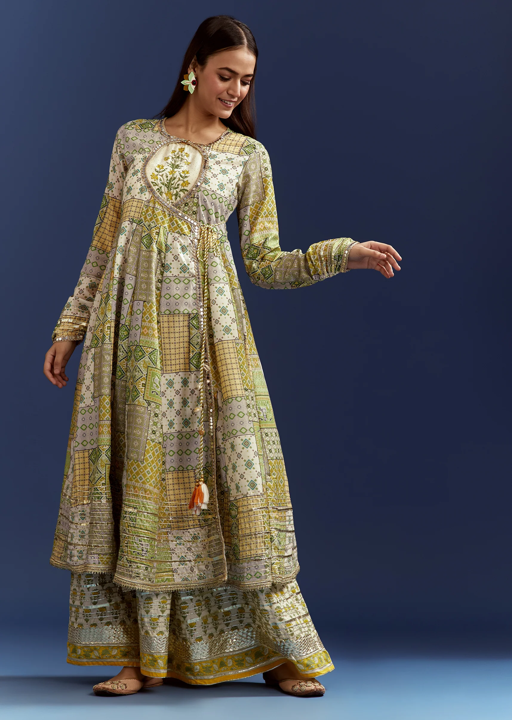 Green Floral Sleeveless Kurti With Gotta Lace And Angrakha Jacket - Image 4