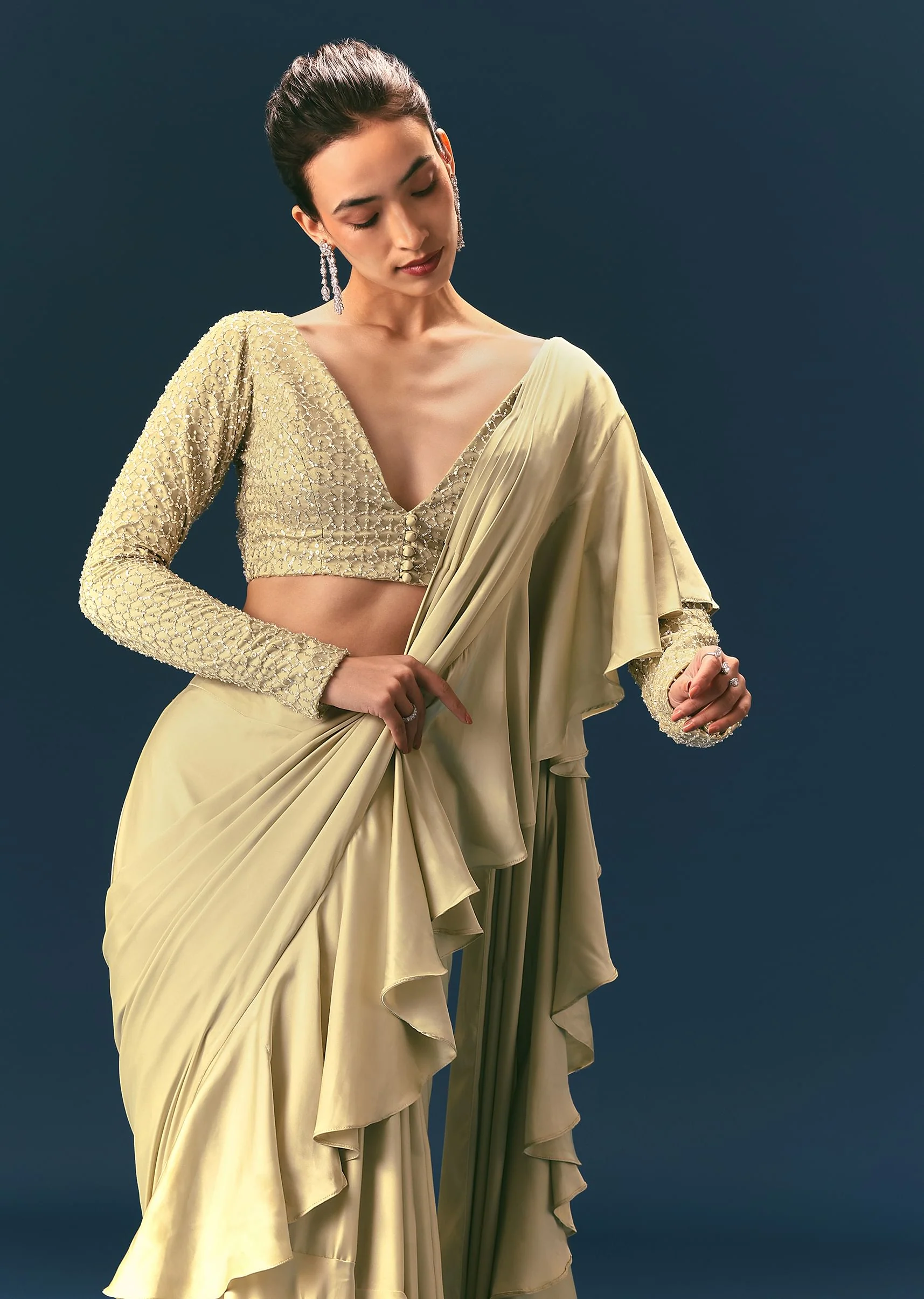 Green Frill Ready To Wear Saree With Embellished Blouse - Image 2