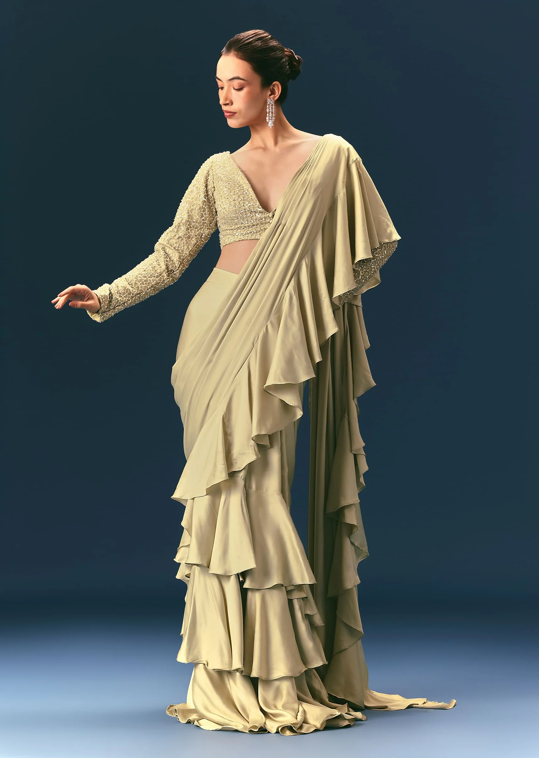 Green Frill Ready To Wear Saree With Embellished Blouse - Image 3