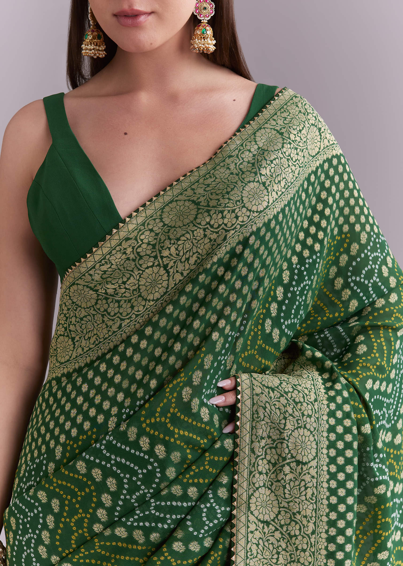Green Georgette Bandhani Saree With Butti And Floral Border - Image 2