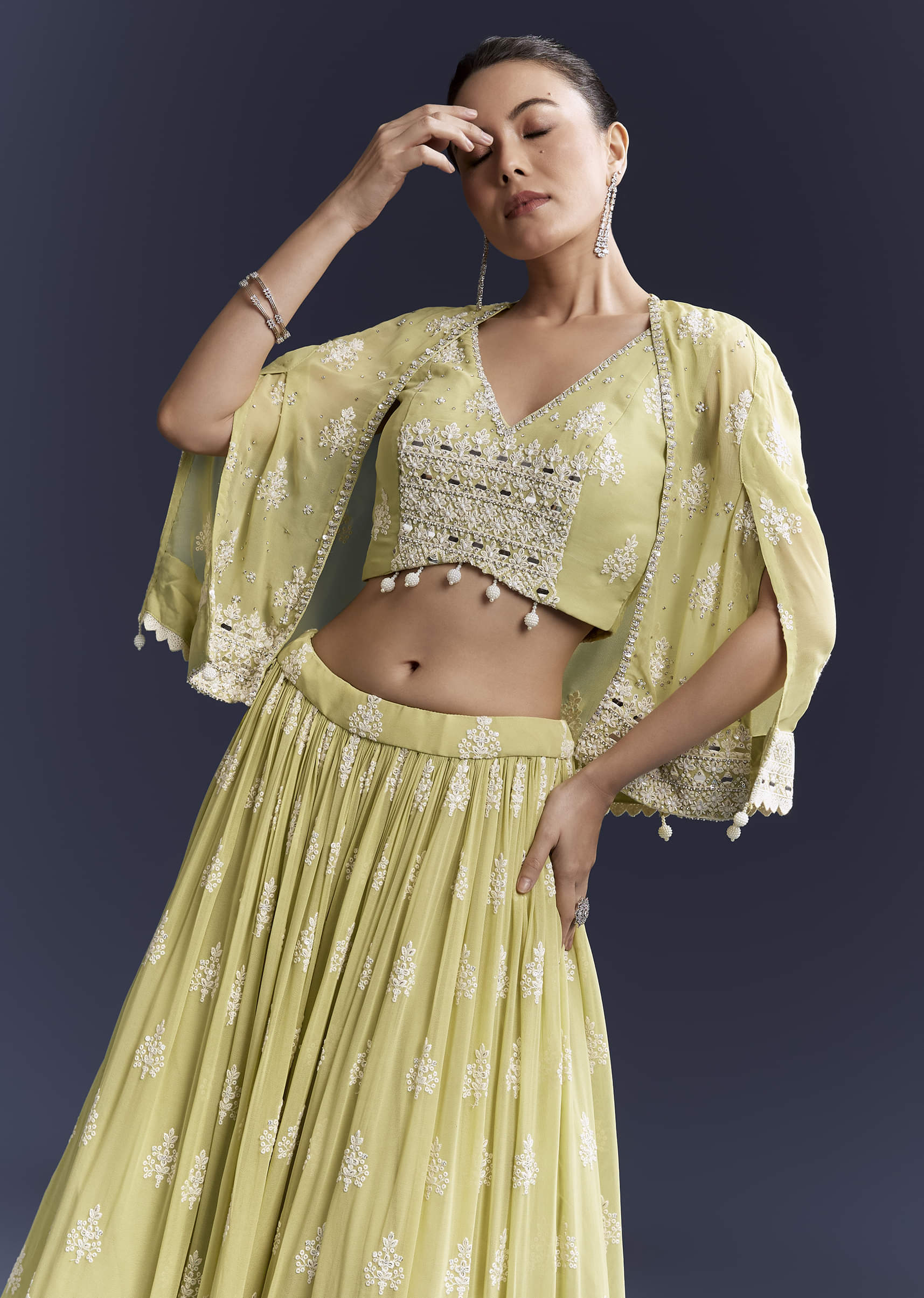 Green Georgette Bridesmaid Lehenga With Sequins And Thread Work - Image 5