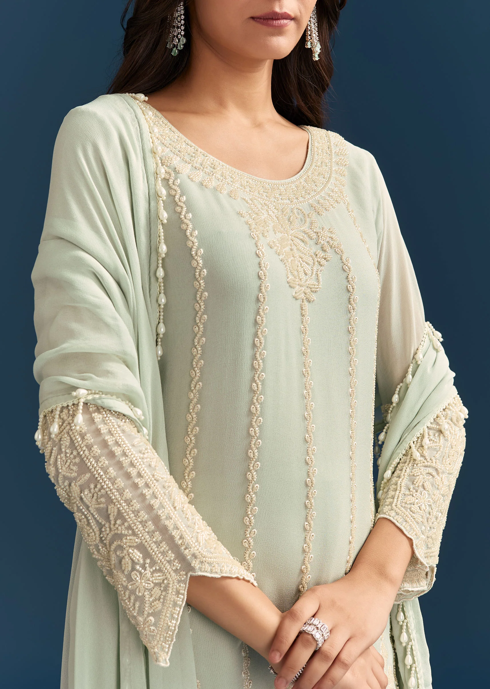 Green Georgette Kurta Set With Beads Detailing