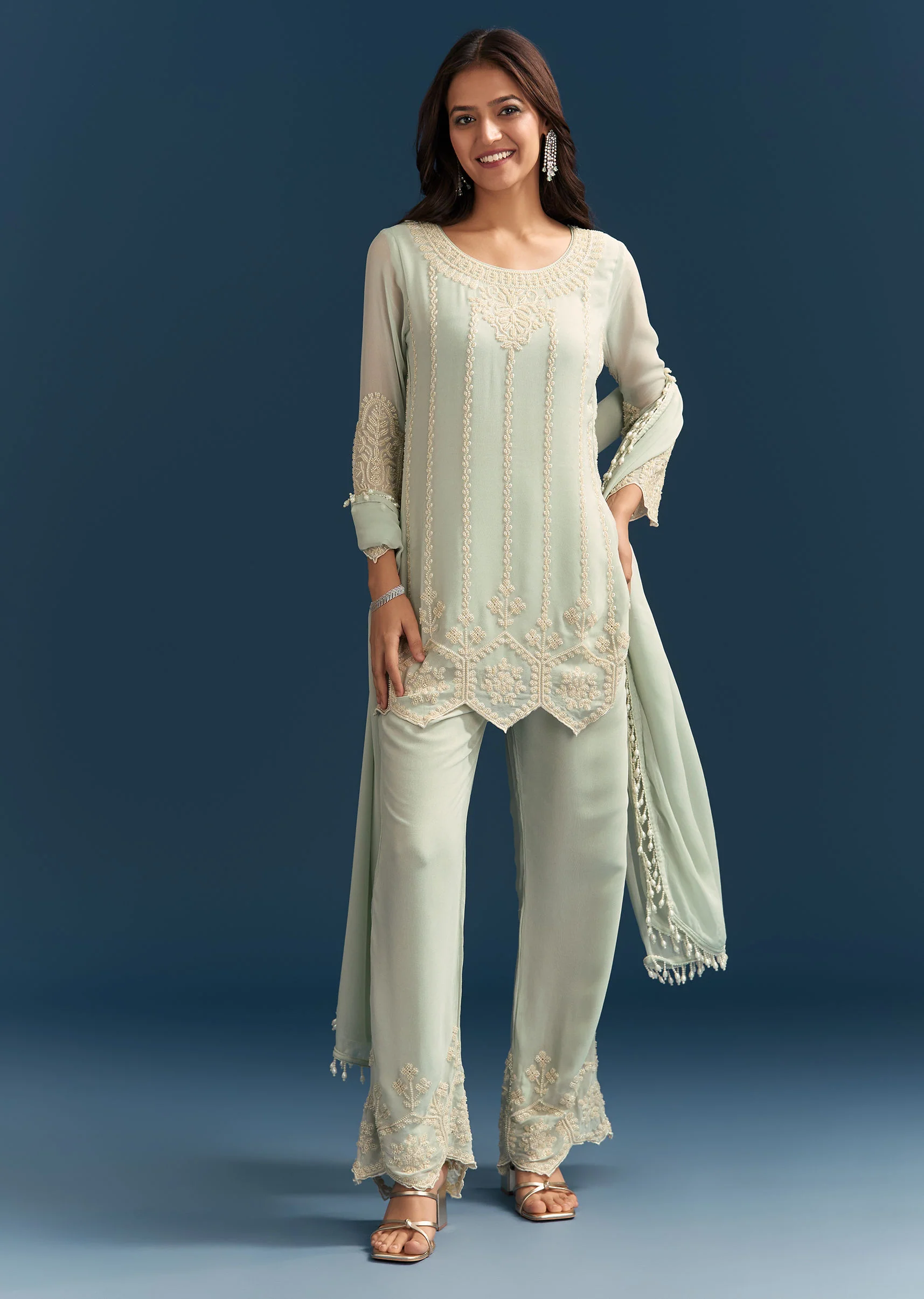 Green Georgette Kurta Set With Beads Detailing - Image 2