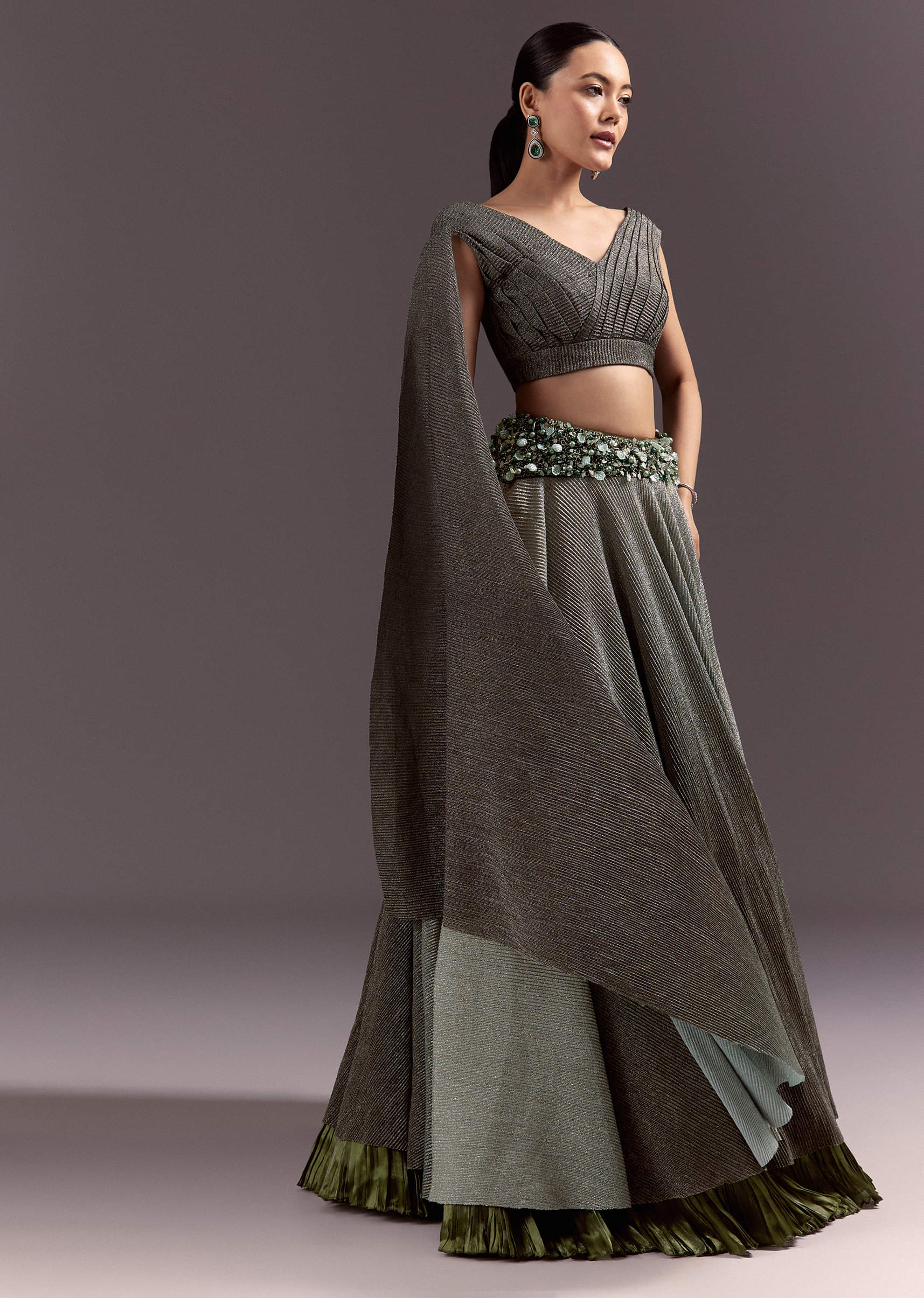Green Georgette Lehenga Dupatta Set With Self Stone And Bead Work - Image 3
