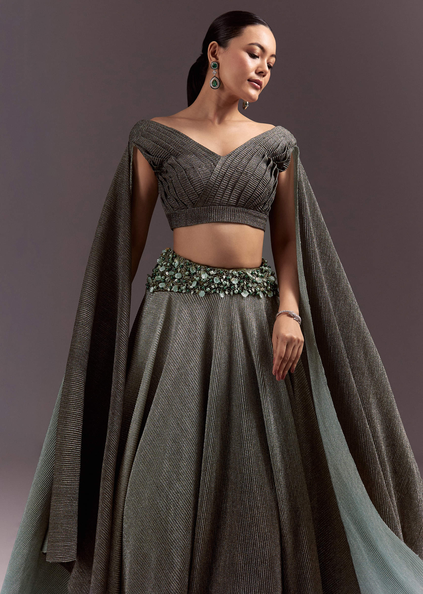 Green Georgette Lehenga Dupatta Set With Self Stone And Bead Work - Image 4