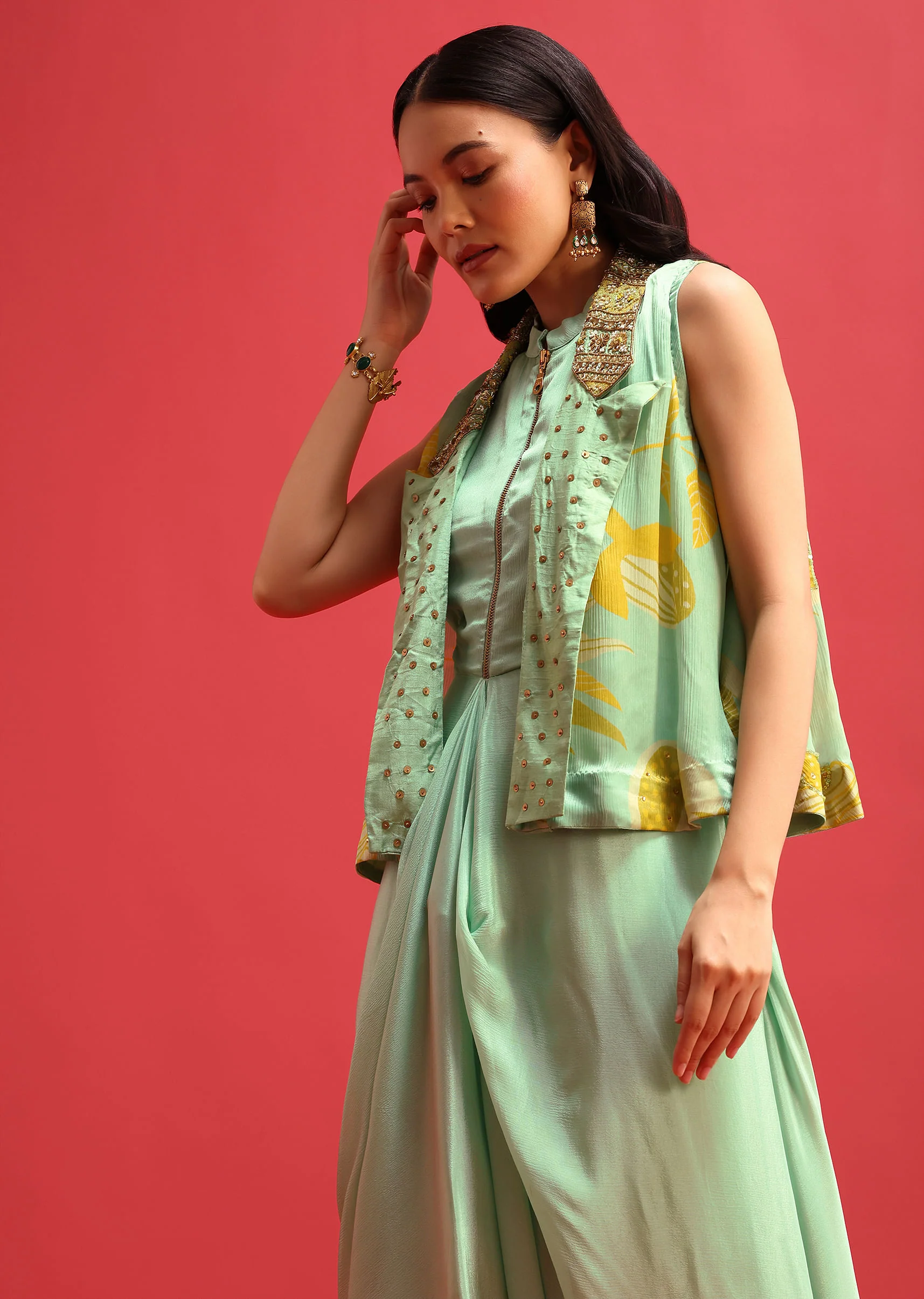Green Gown With Embroidered Jacket - Image 2