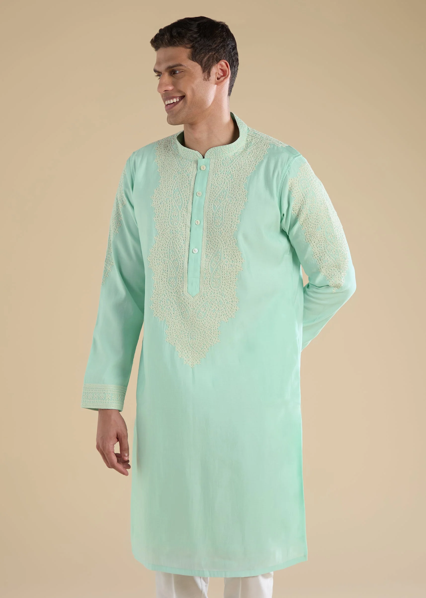 Green Gujarati Handwork Chanderi Kurta Set - Image 3