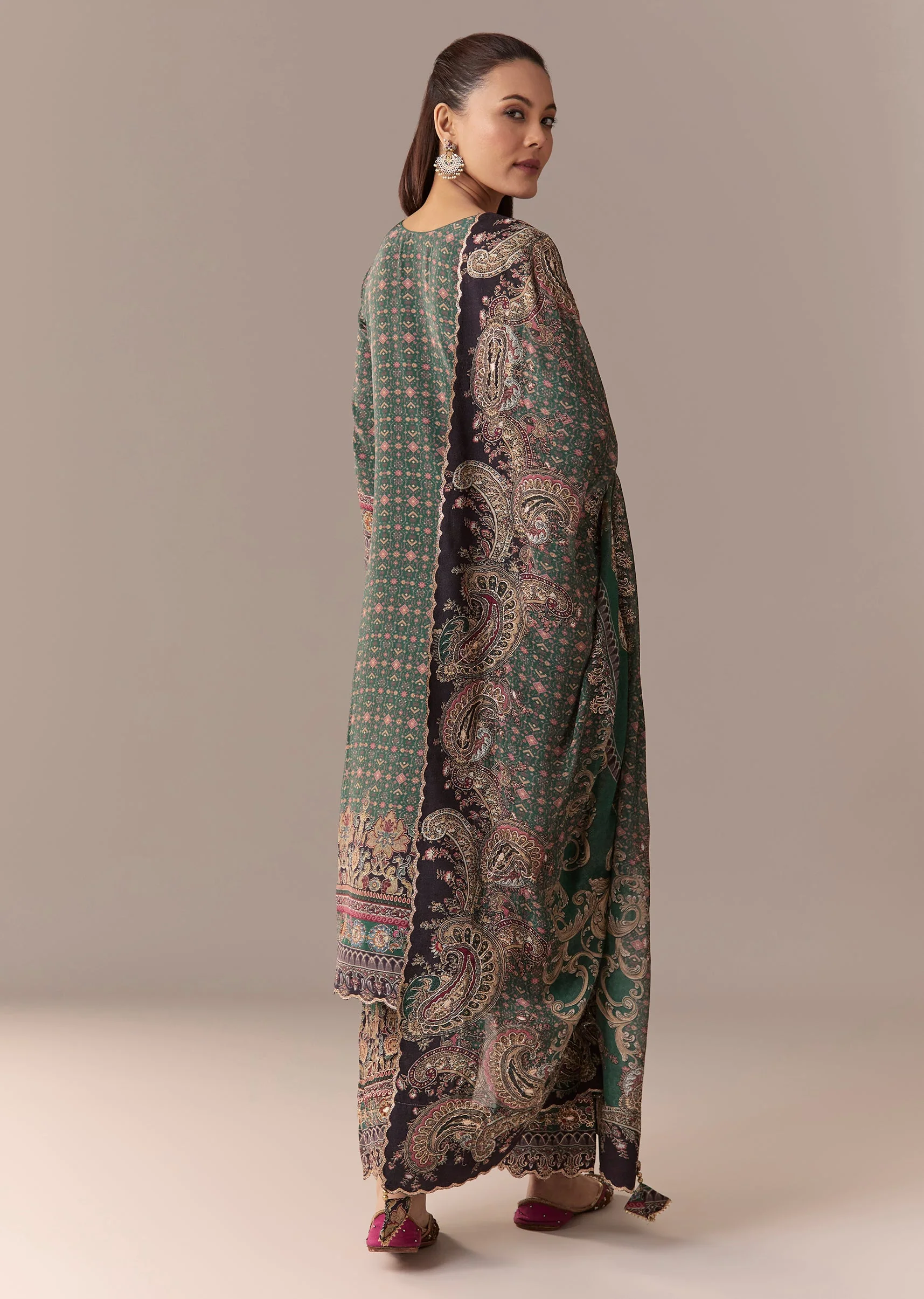 Green Indie Printed Kurta Set With Pant And Dupatta - Image 5
