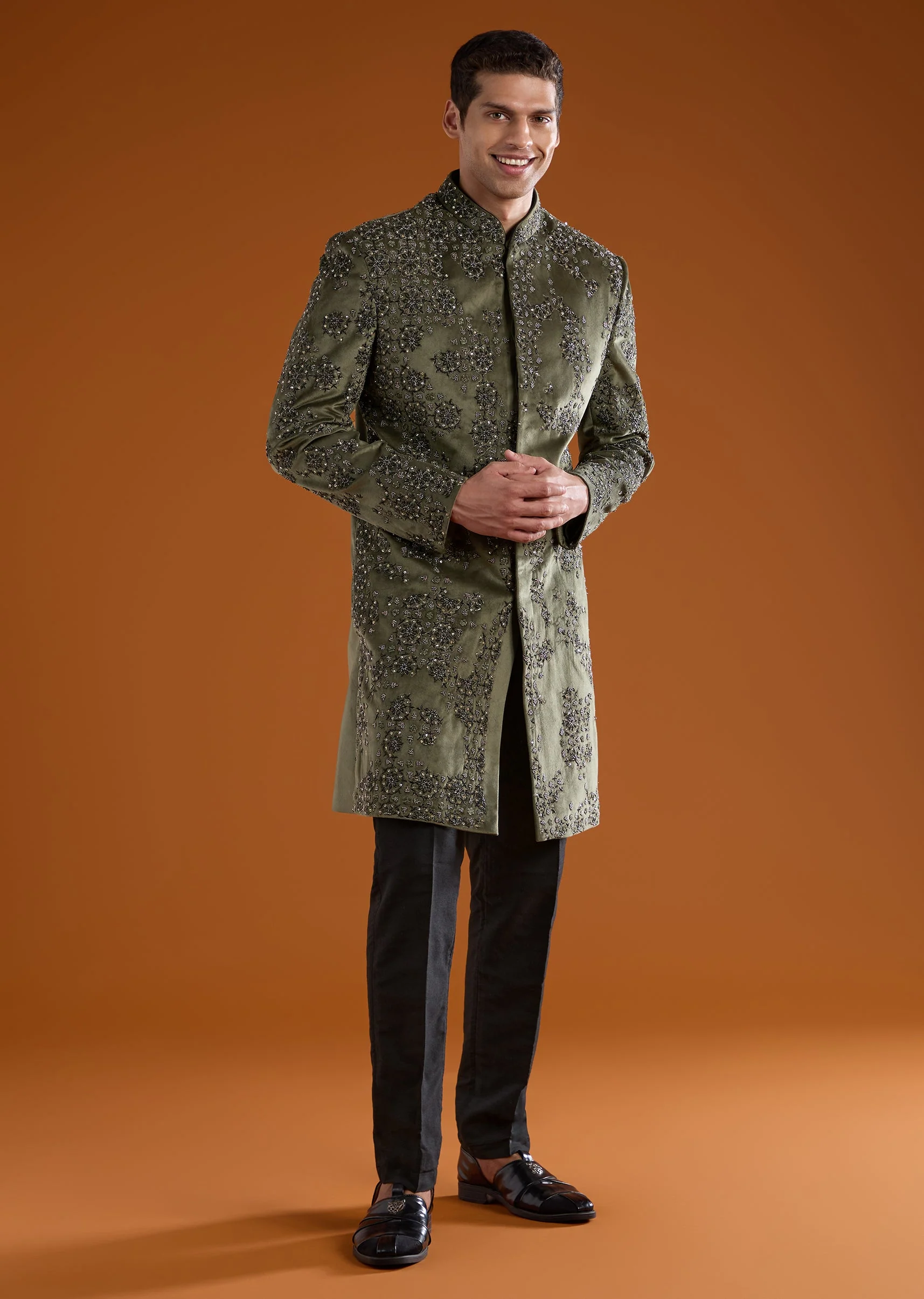 Green Indowestern Velvet Set with Bead Work - Image 3